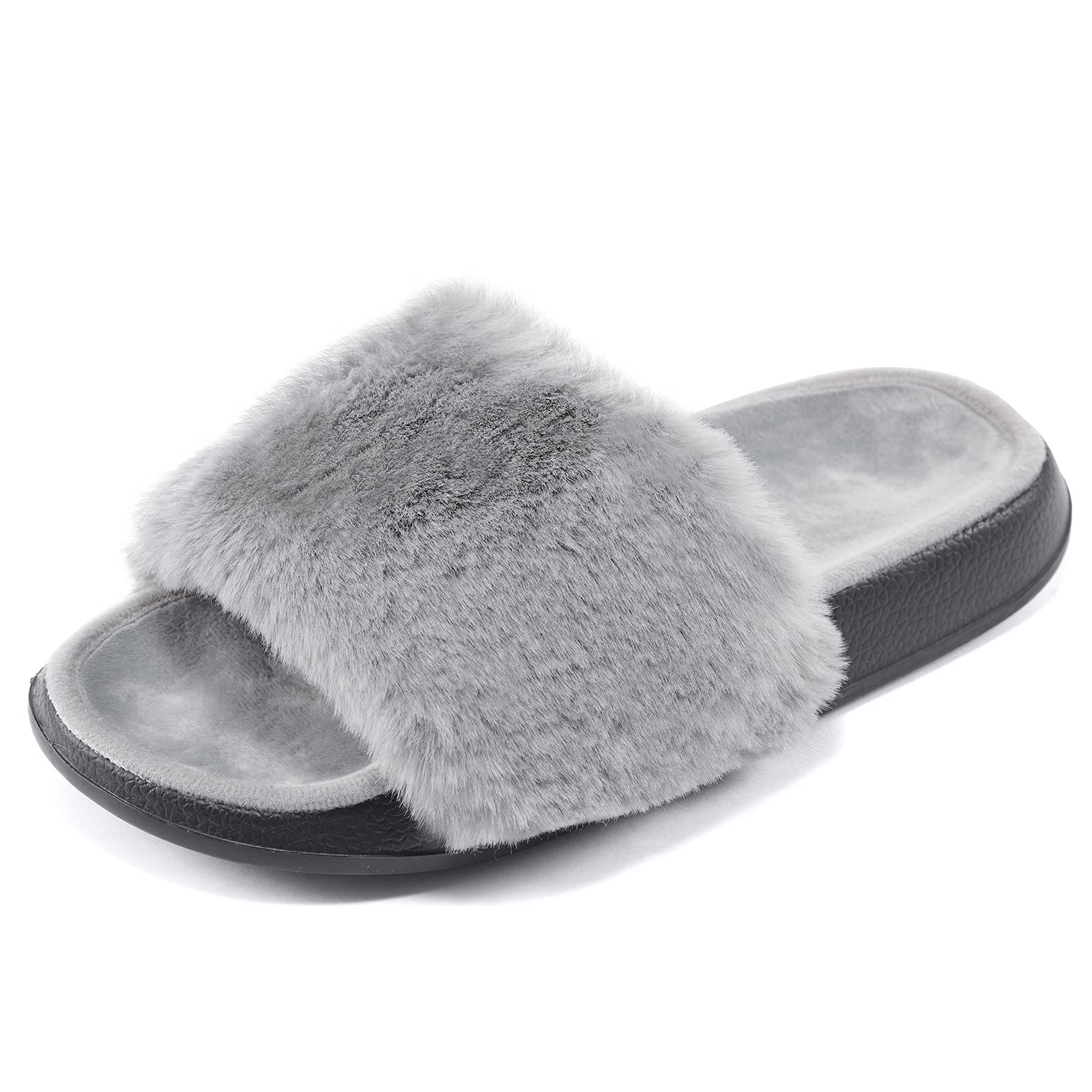 PuxoweWomen Fluffy Slipper Open Toe Anti-skid Comfy Fuzzy House Indoor Outdoor Soft Furry Plush Flat Slide Sandal