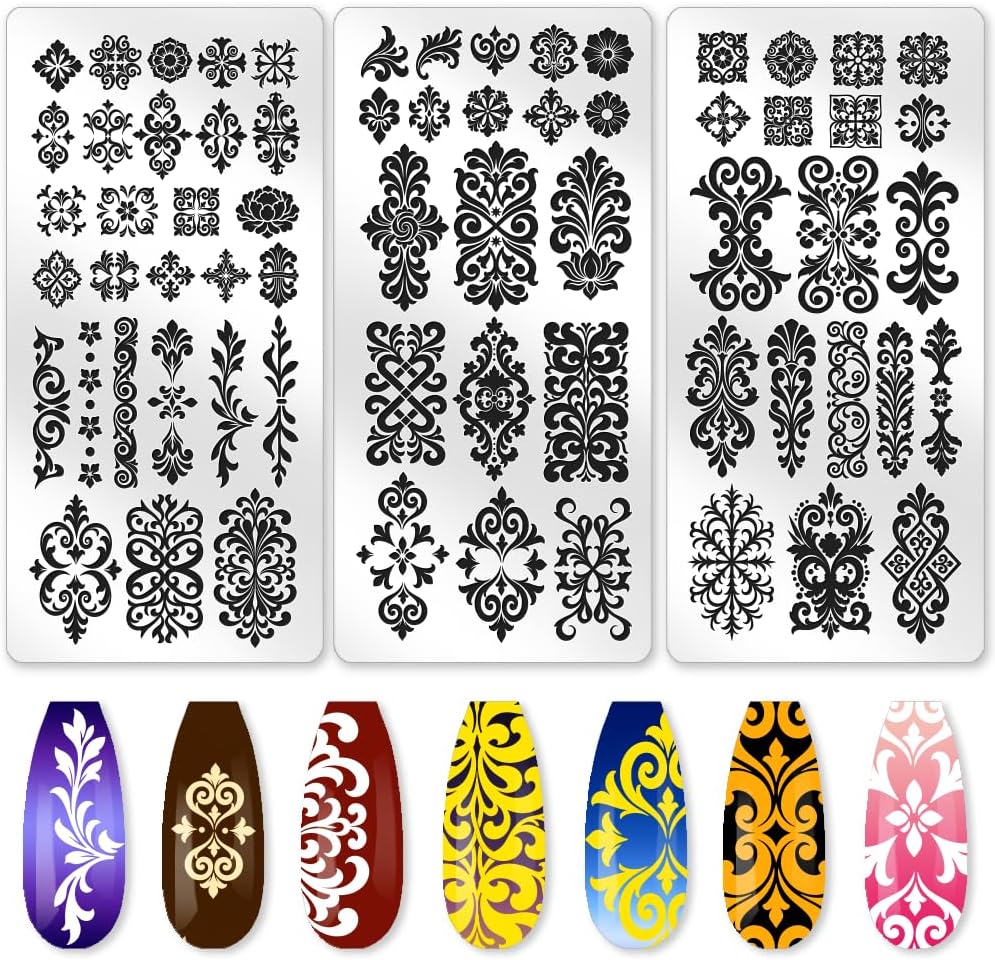 benikmake 3pcs Vintage Pattern Nail Stamp Template Classic Flower Nail Stamping Plate Image Plate Stainless Steel DIY Reusable Tools with Stamper Scraper for Manicure Salon