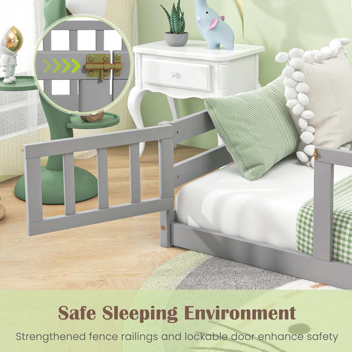 Giantex Twin Floor Bed with Door & Fence, Kids Wood Montessori Beds with Safety Guardrails, Floor Bed Frame for Kids, Boys, Girls, No Box Spring Needed, Floor Bed Twin (Grey)