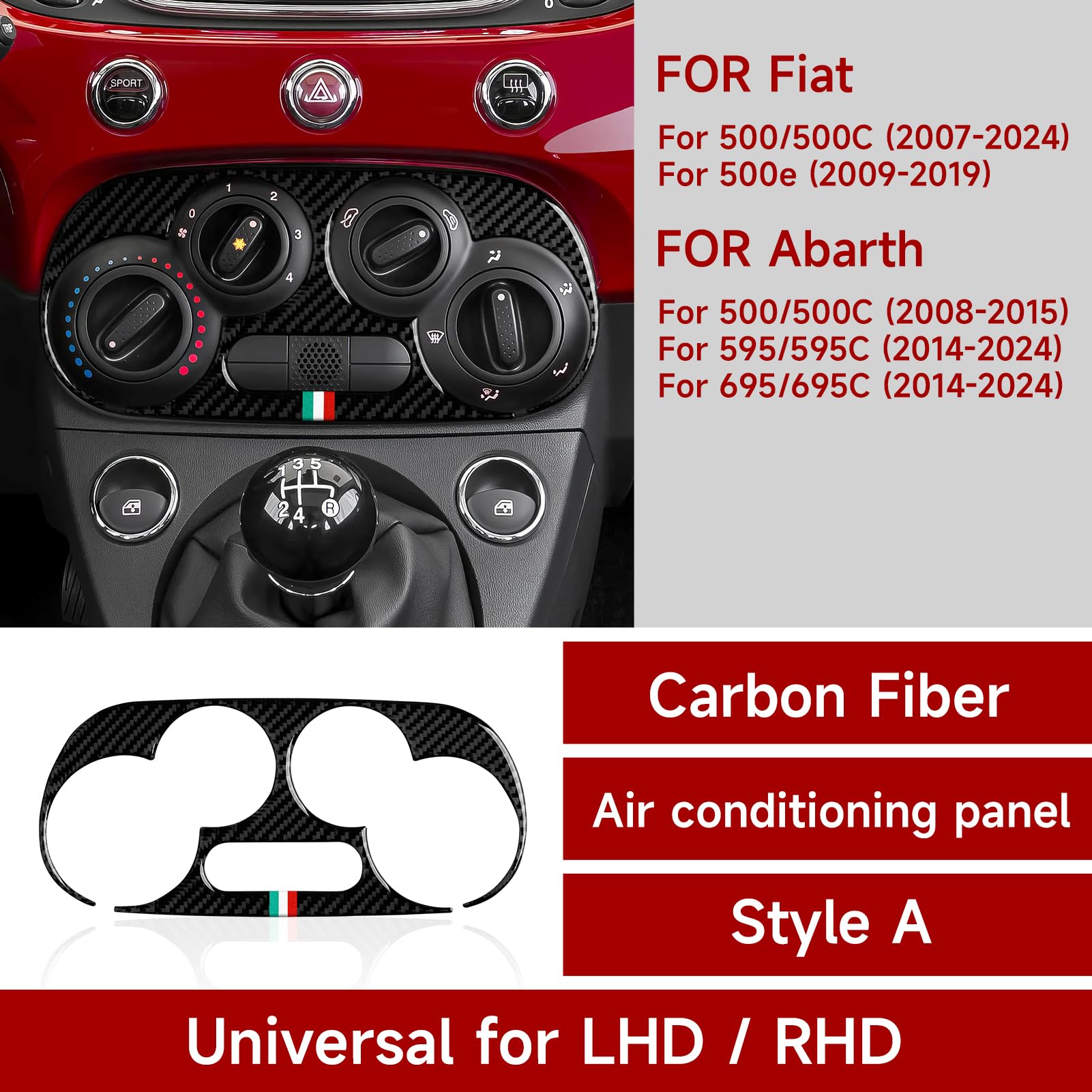 Auto Bedienelemente Klimaanlage Aufkleber Cover Kohlefaser Trim Kompatibel mit Fiat 500/500C (2007-2024)/500e (2009-2019) Abarth 500/500C (2008-2015)/595/595C (2014-2024)/695/695C Zubehör (A)