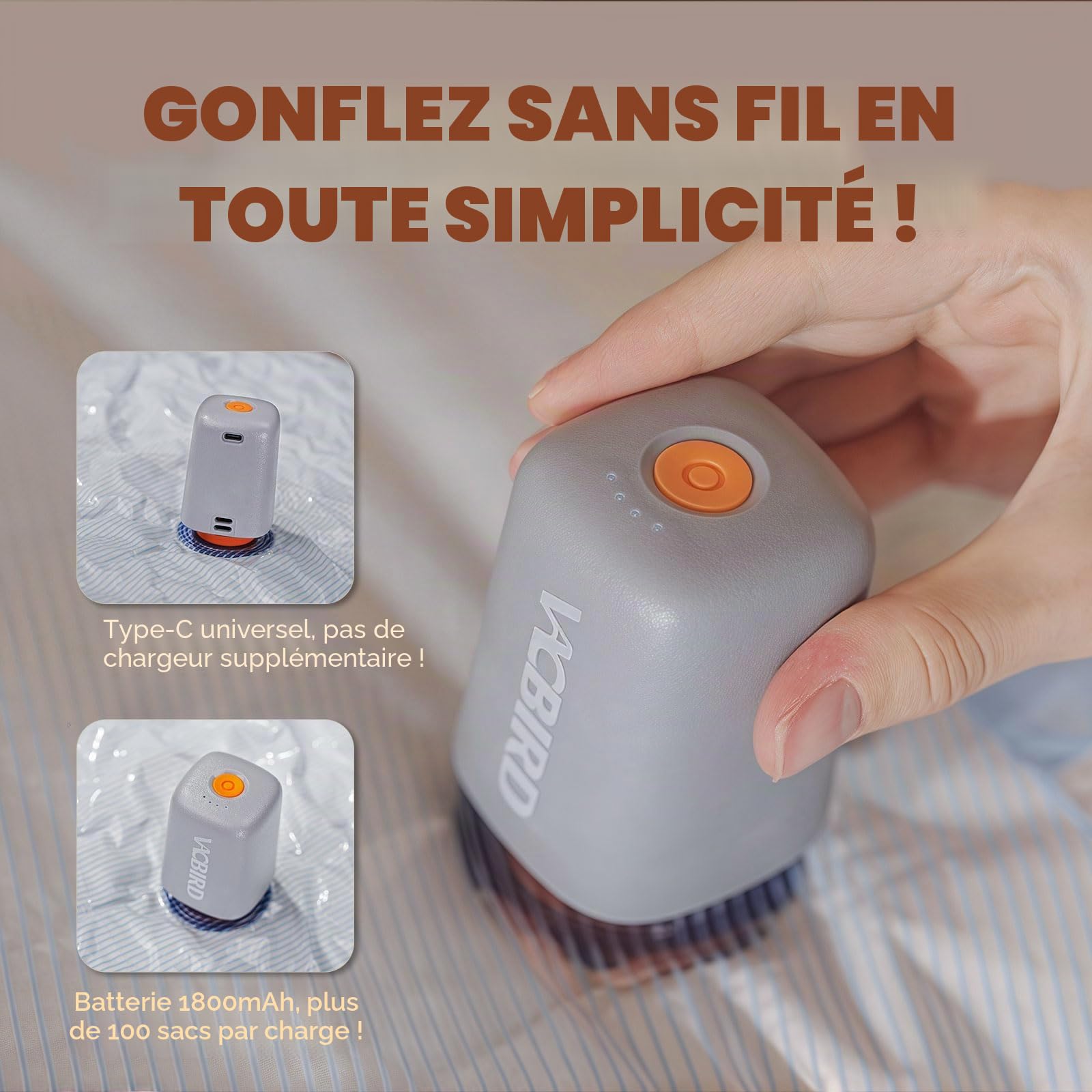 Vacbird -4500Pa Pompe Sous Vide de Voyage Sans Fil, Ultra-Légère et Compacte pour Sac Sous Vide Vetement Aspirateur, Aspiration Puissante, Idéal pour Gagner de la Place