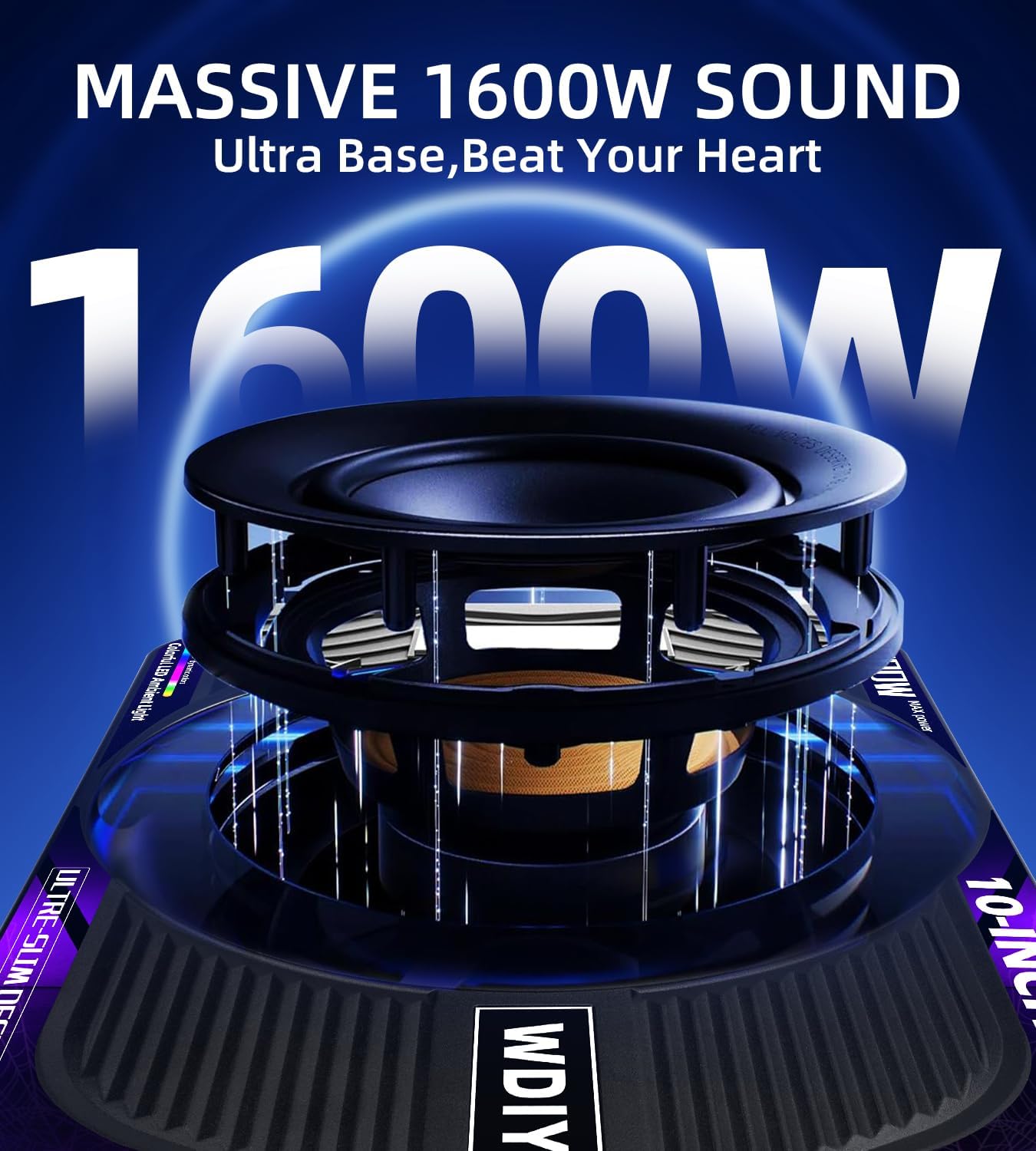Upgraded 1600W 10" Slim Under Seat Subwoofers with Amp & LED Ambient Lights for Truck/Car - Deep Bass, Individual Controls (LPF/Gain/Bass Boost), High Output Distortion-Free Audio