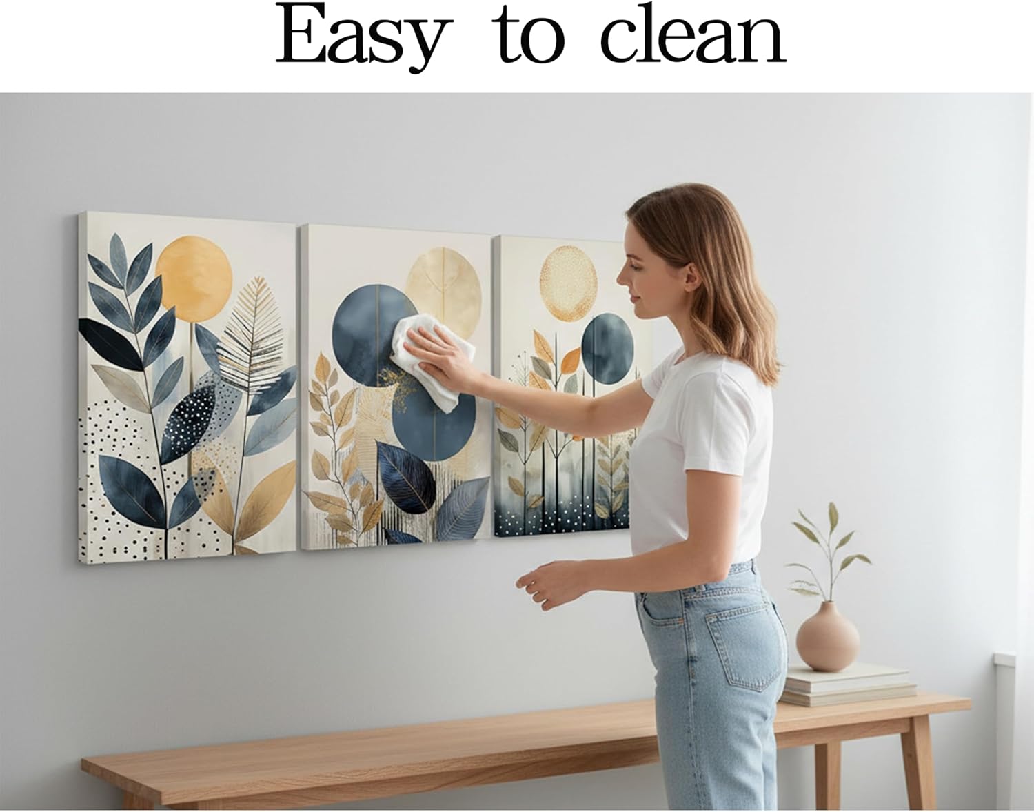 3Pcs Boho Plant Wall Art Navy Blue Bohemain Posters Botanical Abstract Canvas Prints with Leaf & Sun Blue and Gold Plant Pictures Modern Wall Decor for Bedroom Living Room 24x16in Framed