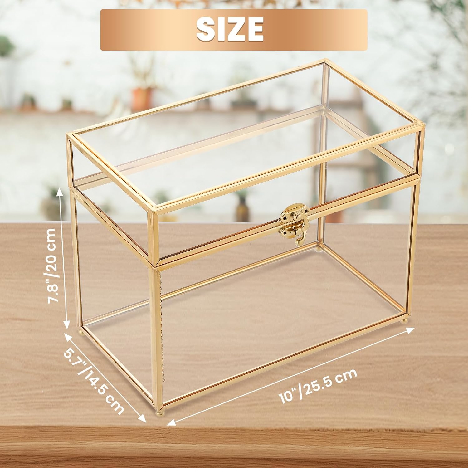 Large Capacity Golden Vintage Glass Keepsake Box | Wedding Card Box Glass Jwelry Lidded Box Decorative Box for Display,Clear Rectangle Box Rings Bracelet Earring Organizer (10 x 5.7 x 7.8inch)