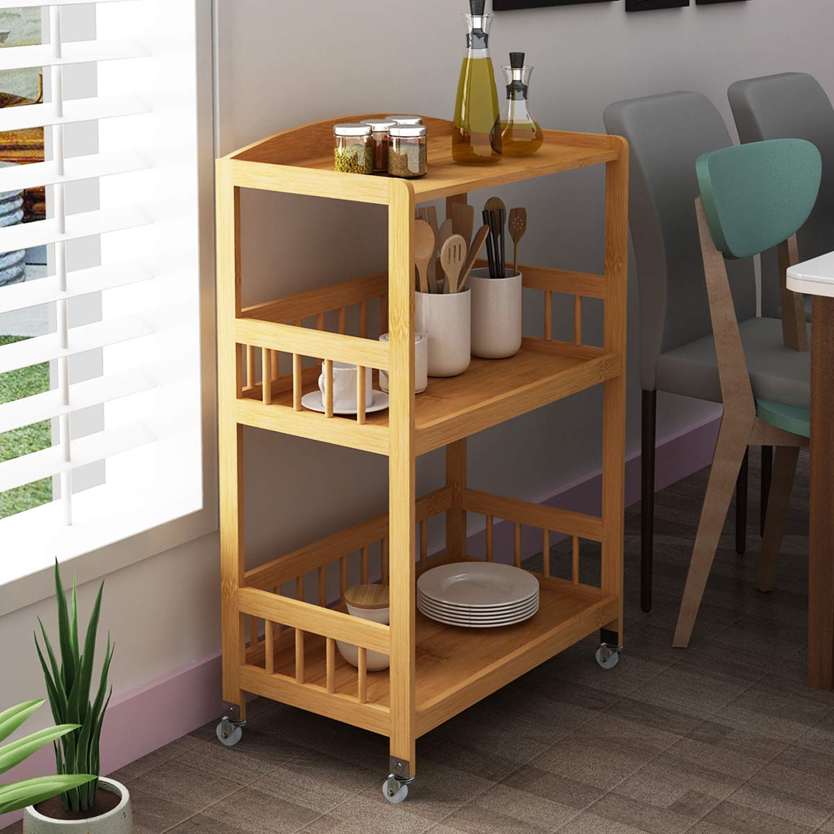 soges Carrelli da Portata, Carrello di Servizio Portavivande Cucina, Carrello Cucina Bambù, Con Route, Salvaspazio, Facile da Montare, Tre Strati per Cucina e Soggiorno
