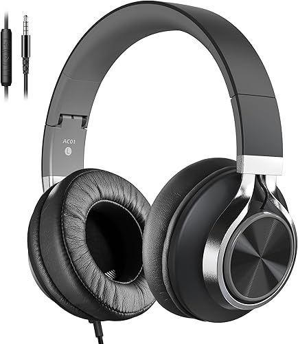 AC01 Auriculares con cable sobre la oreja, auriculares estéreo con cable con micrófono de control de volumen para adultos, adolescentes y niños,