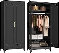 Vista 22 de Armario de metal de 71 pulgadas de alto con tres cajones, armario grande con barra para colgar, armario de almacenamiento de ropa con puertas y Negro