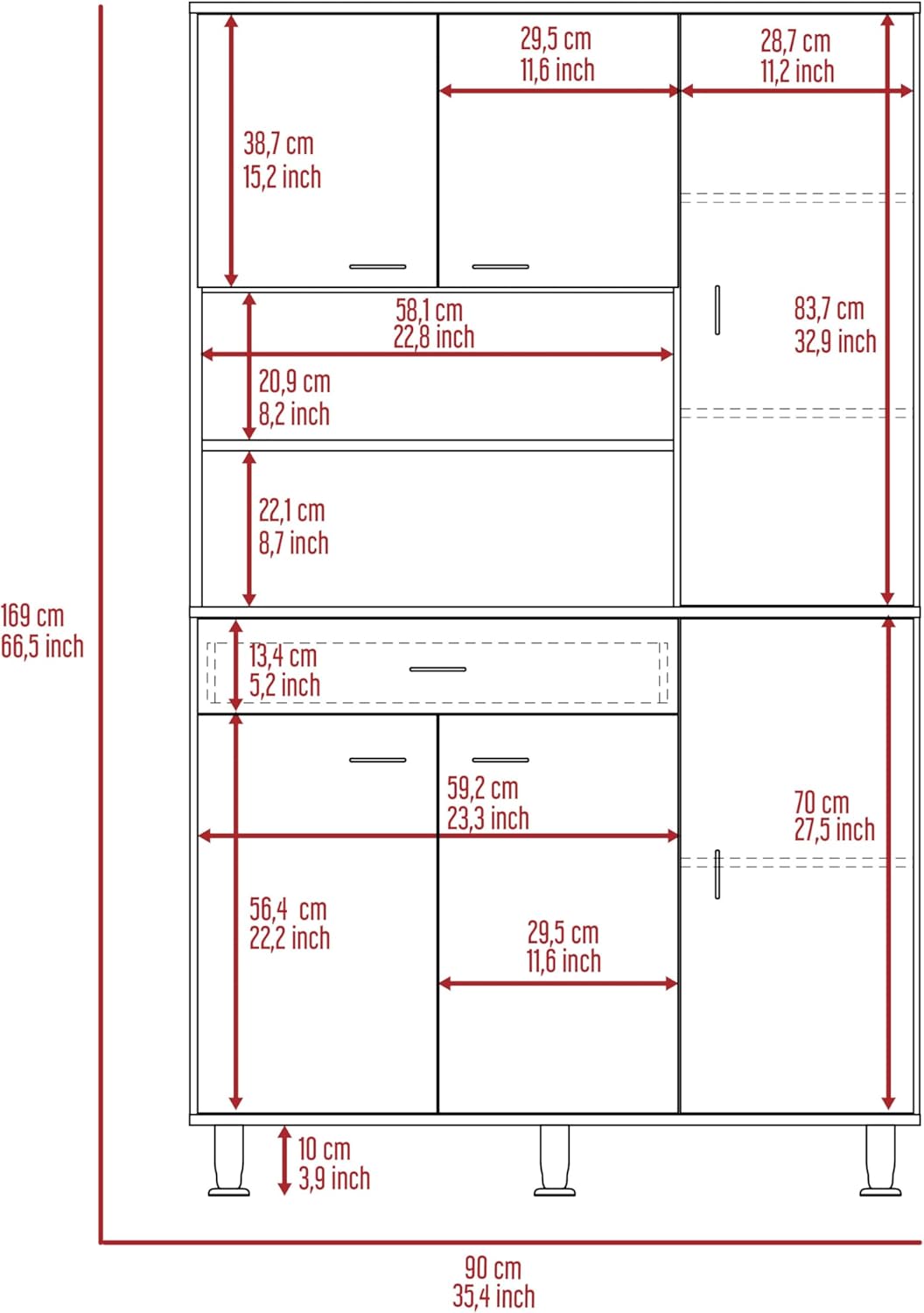 Tuhome Della 90 Kitchen Pantry with One Drawer, Multiple Cabinets, Two Open Shelves, Modern Design for Kitchen Organization