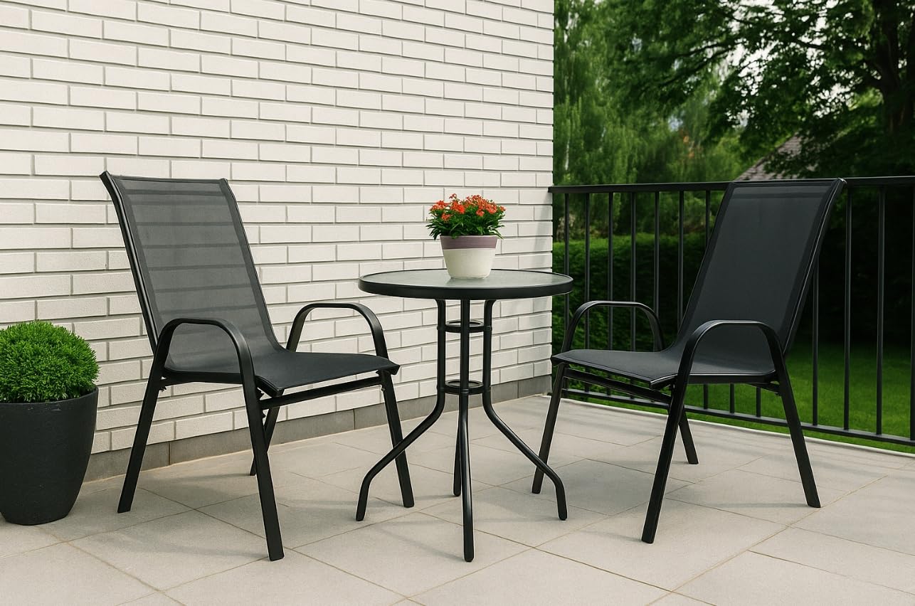 BDW Set di mobili da balcone, tavolo rotondo in vetro, 60 x 70 cm, con 2 sedie Textilene, sul balcone, sulla terrazza, sulla proprietà, colore nero