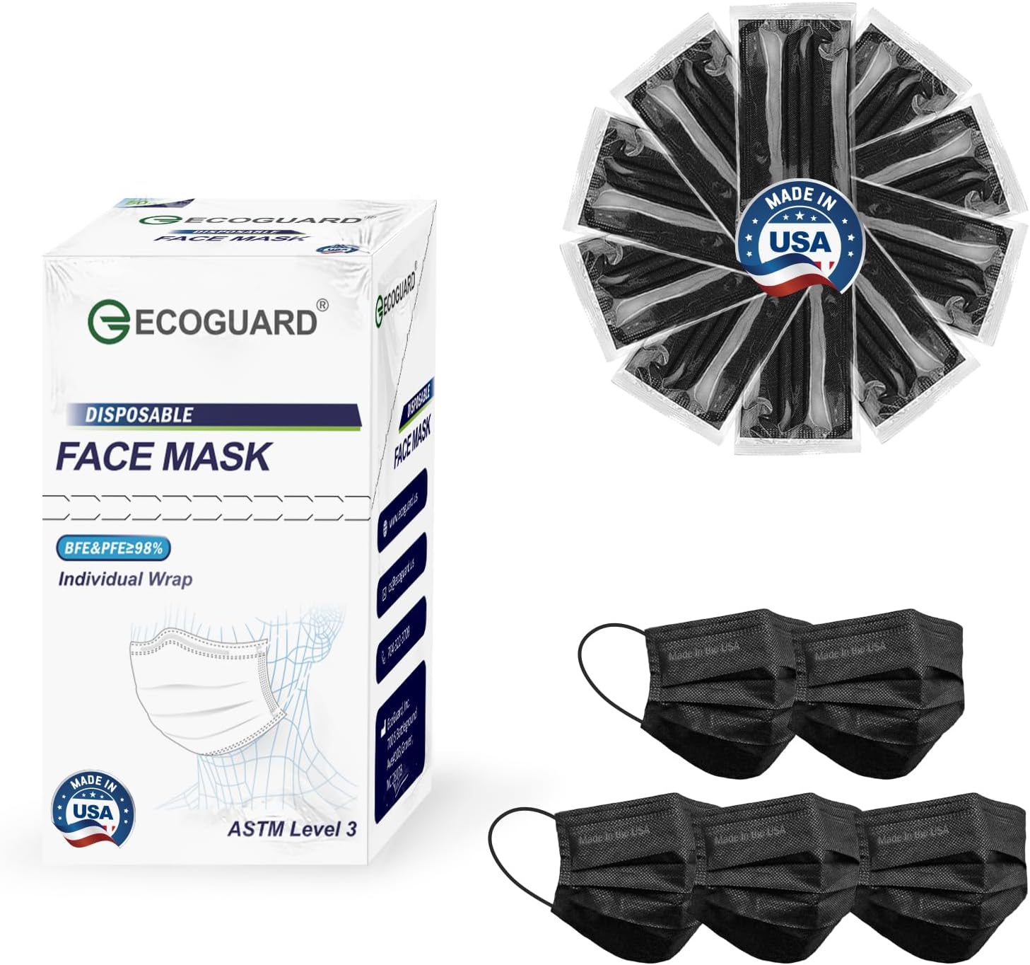 Disposable Face Masks Made in USA, 4 Ply for Families, Students, Breathable All-Day Wear & Safety, ASTM Level 3 Medical Grade, 50 Pack Individual Wrap, Black