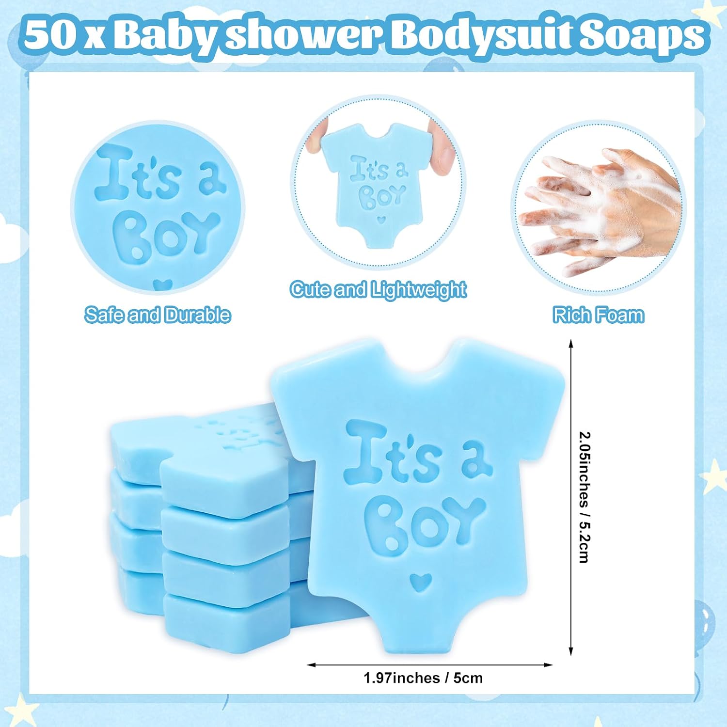 Whaline 50 Sets Bodysuit Baby Shower Soap Favors for Guests Blue Boy Shirt Shape Mini Handmade Soaps with Organza Bags and Thank You Tags for Gender Reveal Party Favors Gift