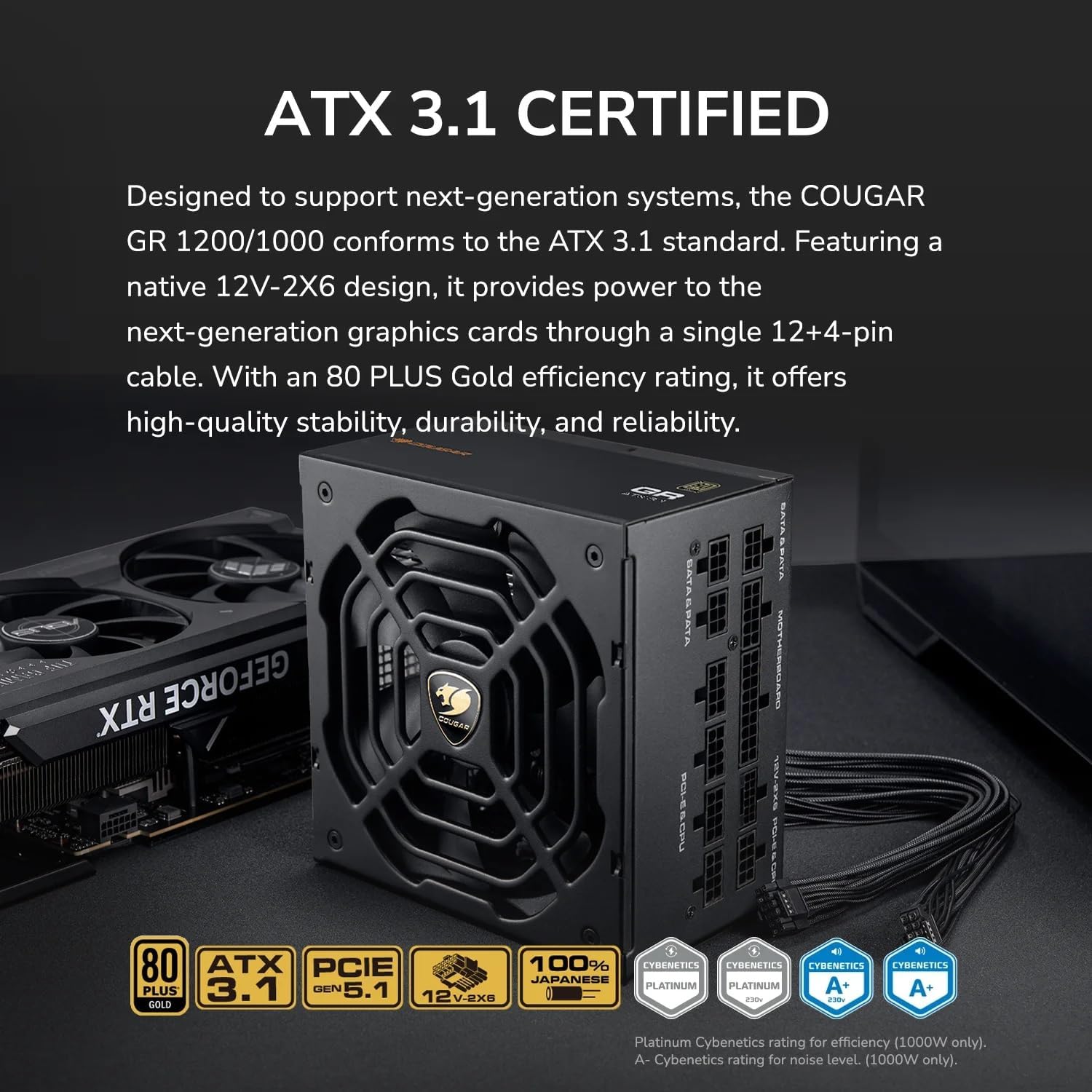 COUGAR GR 750W ATX 3.1 PCIe 5.1 Ready Fully Modular Power Supply, 80 Plus Gold, Native 12V-2x6 Cable, Japanese Main Capacitors, Low Noise, 140mm Compact Size
