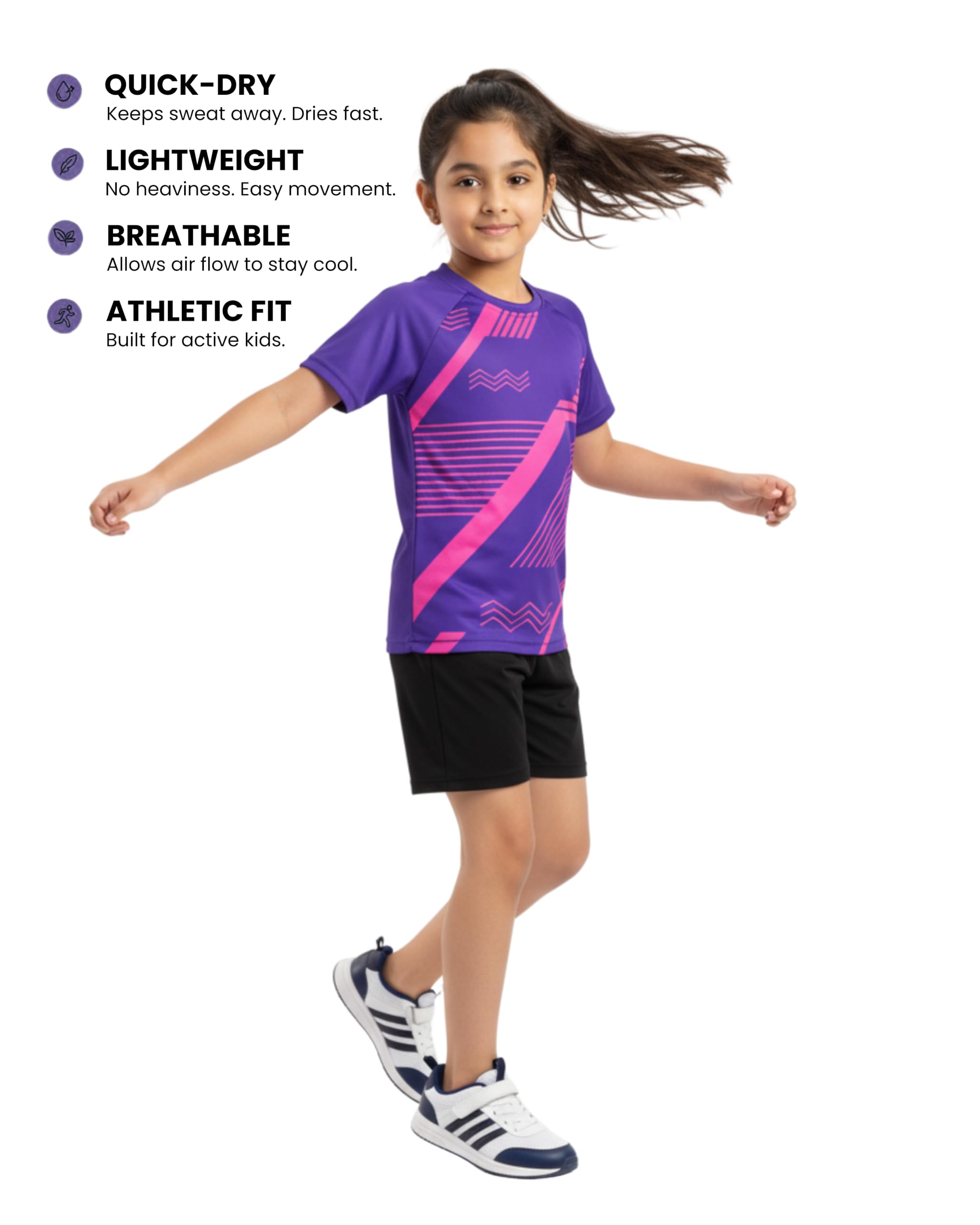 JUMPSLICE Girls Dry-Fit Sports T-Shirt | Quick-Dry Moisture-Wicking Raglan Half Sleeve Activewear for Kids 4-15 Yrs | Running, Yoga, Gym & Outdoor Play (in, Age, 12 Years, 13 Years, Regular, Purple)