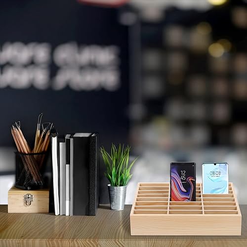 Miniatura 2 de SEWACC 24- Soporte de madera para teléfono celular, organizador de escritorio para teléfono móvil, caja de almacenamiento de múltiples cuadrículas,