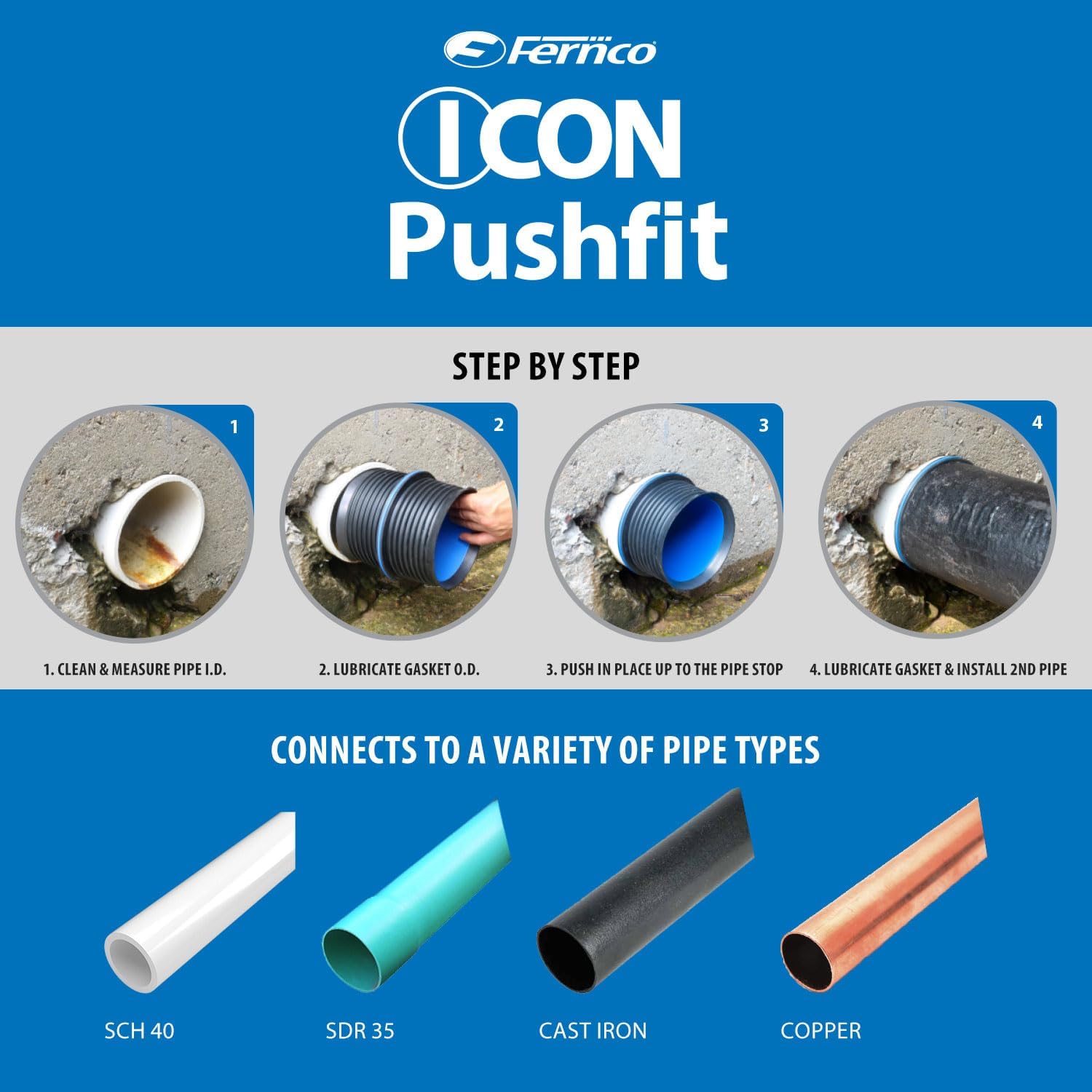 New Fernco 4" ICON Pushfit DWV Internal Coupling Sheared Off Pipe Connector, Plastic, Cast Iron and Copper