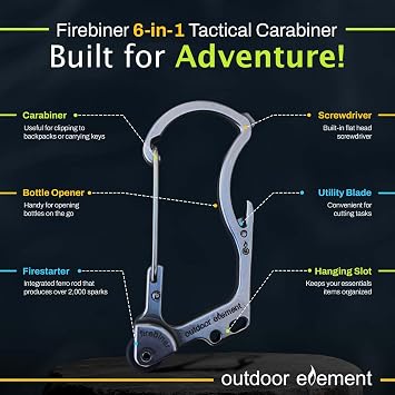 OUTDOOR ELEMENT Firebiner 6-in-1 Fire-Starting Carabiner EDC Emergency Multitool -Keychain,Utility Blade,Bottle Opener,& More