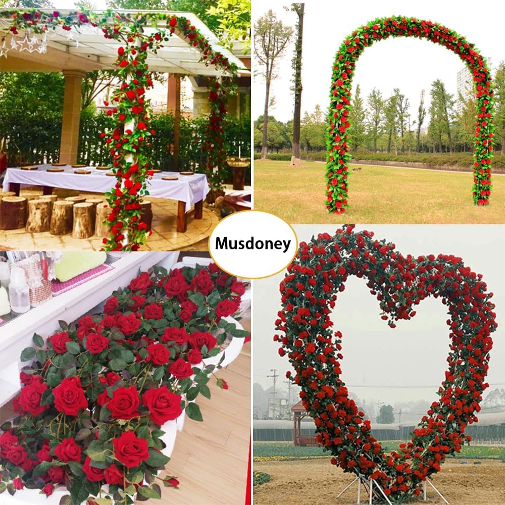 Musdoney 4Pcs 32.2 FT Fake Rose Vine Flowers Plants Artificial Flower Garland Hanging Rose Ivy Home Hotel Office Wedding Party Garden Craft Art Decor (Red) - Image 6