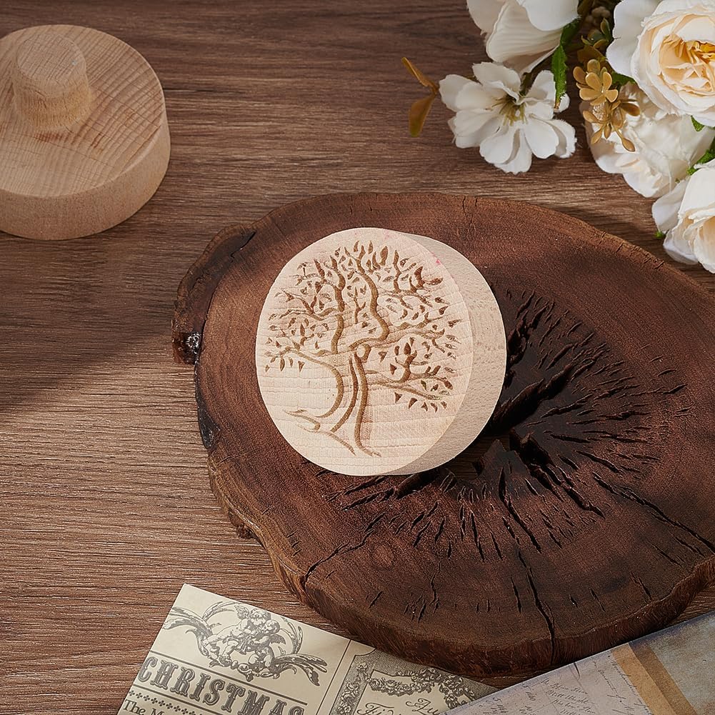 WEBEEDY 2.6 Inch Tree of Life Pattern Wooden Clay Stamp Old Tree Wood Pottery Tools Stamps for Clay,Round Decorative Stamp Natural Wood Stamps for DIY Creation Clay Tool Art Craft Supplies