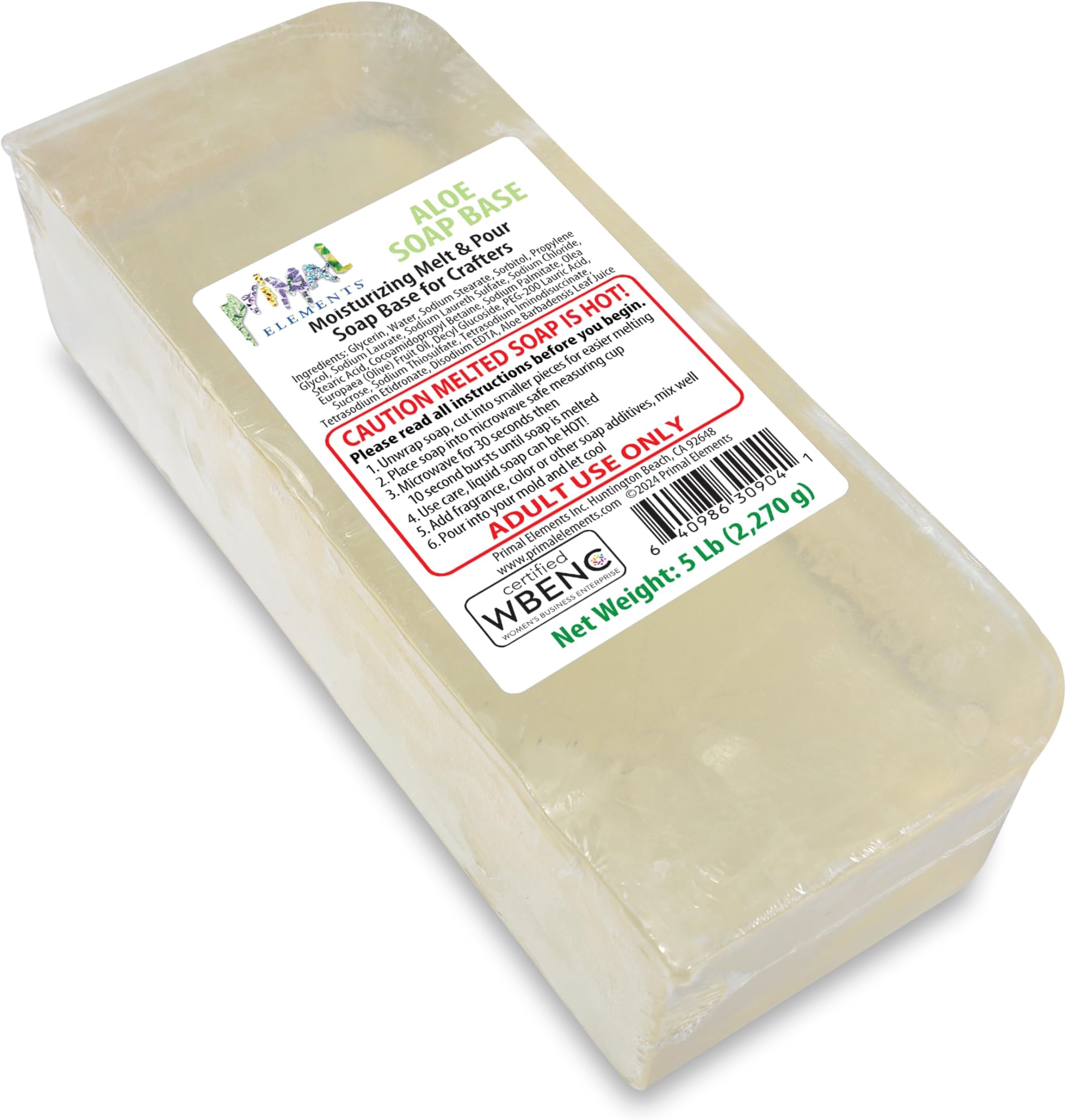 Primal Elements Aloe Soap Base - Moisturising Melt and Pour Glycerin Soap Base for Crafts and Soap Making, Vegan, Cruelty Free, Easy to Cut - 5 lbs