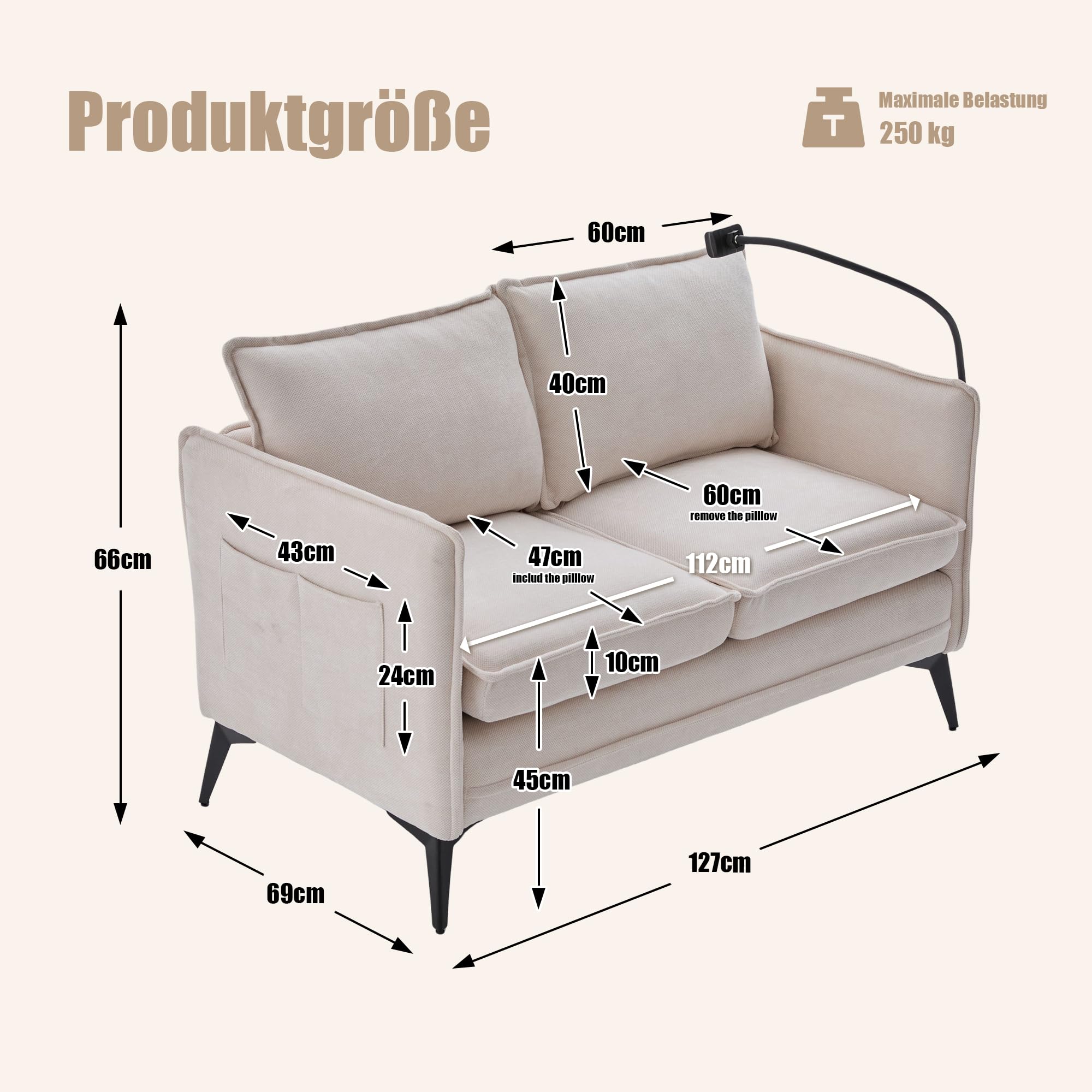 Moderno divano doppio, piccolo divano in tessuto, con tasca laterale + supporto per cellulare regolabile, adatto per soggiorno/camera da letto/balcone, 127 x 69 x 66 cm (beige)