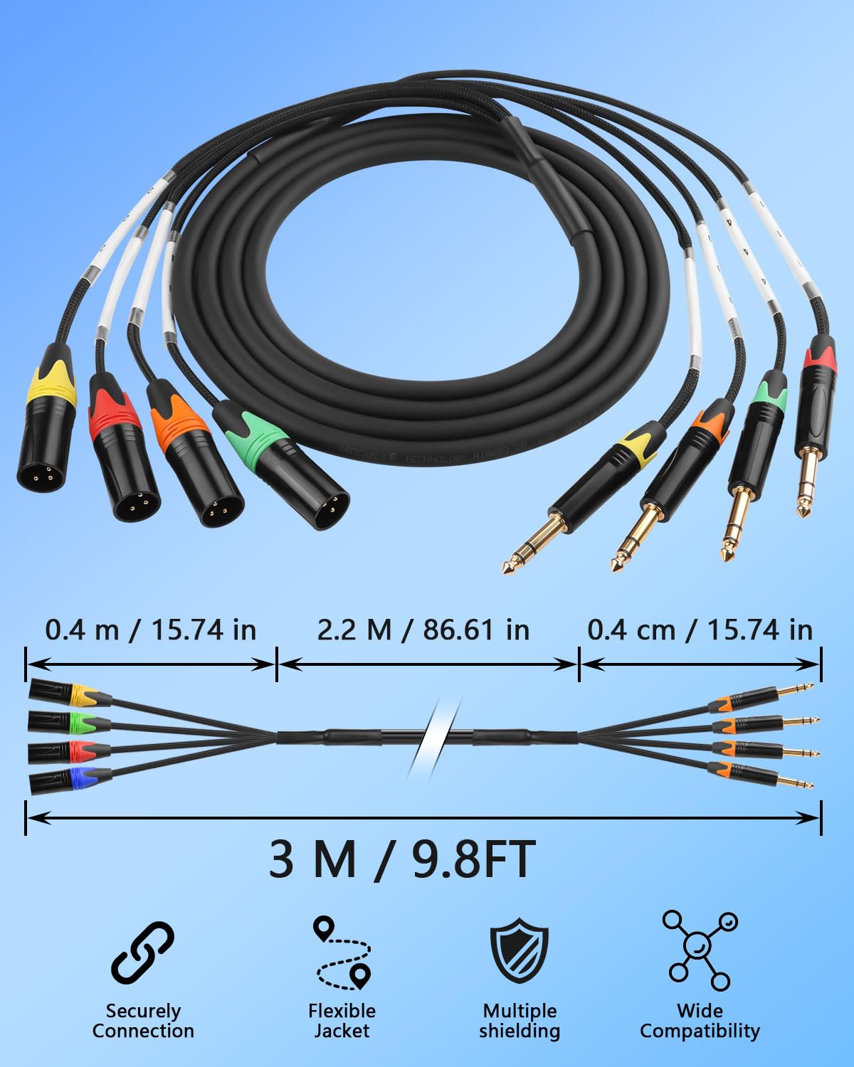 CERRXIAN 4 Channel 1/4" TRS to XLR Snake Audio Cable 9.8FT, XLR 3Pin Male to 6.35mm TRS Shielded Balanced Audio Extension Cable for Live Live, Recording, Studios, and Gigs - Patch, Amp, Mixer