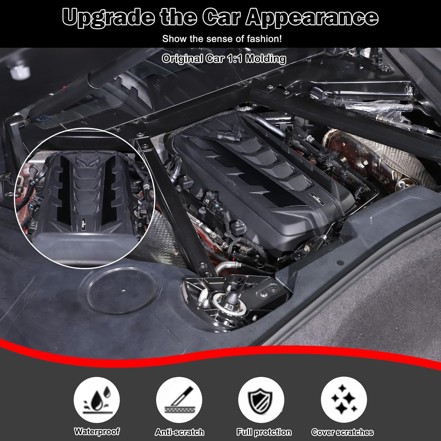 Corvette C8 Engine Bay Panel Cover Trim,Engine Compartment Pull Bar Trim Strip Compatible with Corvette C8 Stingray 2020-2024+ Aluminum Engine Bay Left Right Protection Accessories (Black)