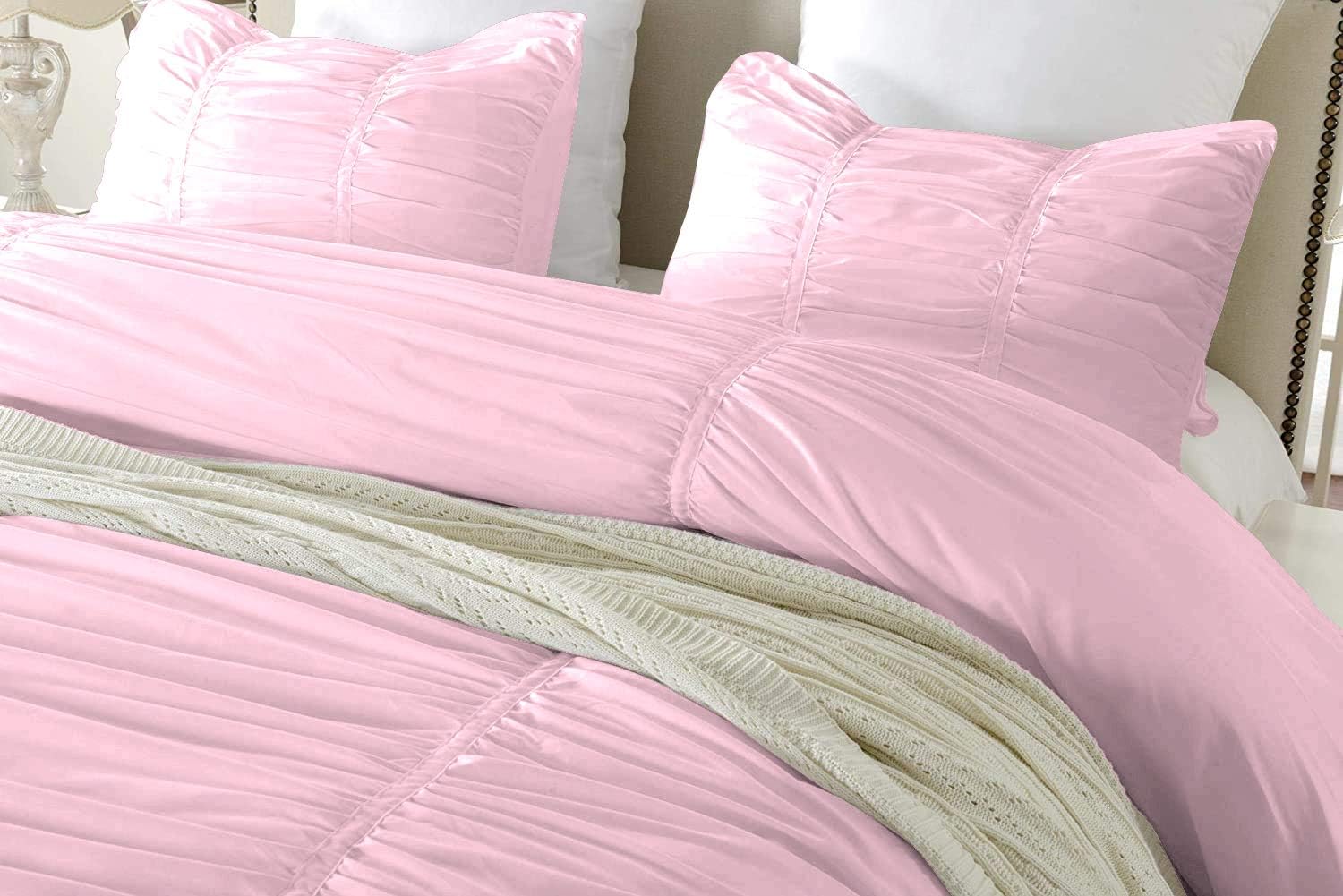 Ruched Pattern Duvet Cover with Zipper & Corner Ties 100% Egyptian Cotton 800 Thread Count Premium Hotel Quality Decorative Bedding (Full/Queen, Baby Pink)
