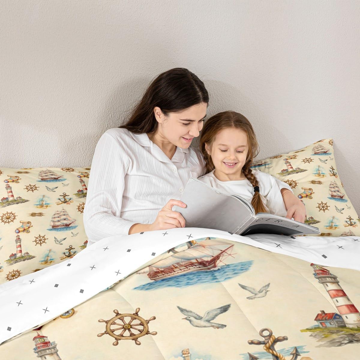 Castle Fairy Sailing Boat Comforter Set Toddler Size 2 Pcs,Anchor Nautical Style Bedding Set,Ocean Adventure Quilt Set for Child Bedroom,Duvet Insert,1 Pillowcase