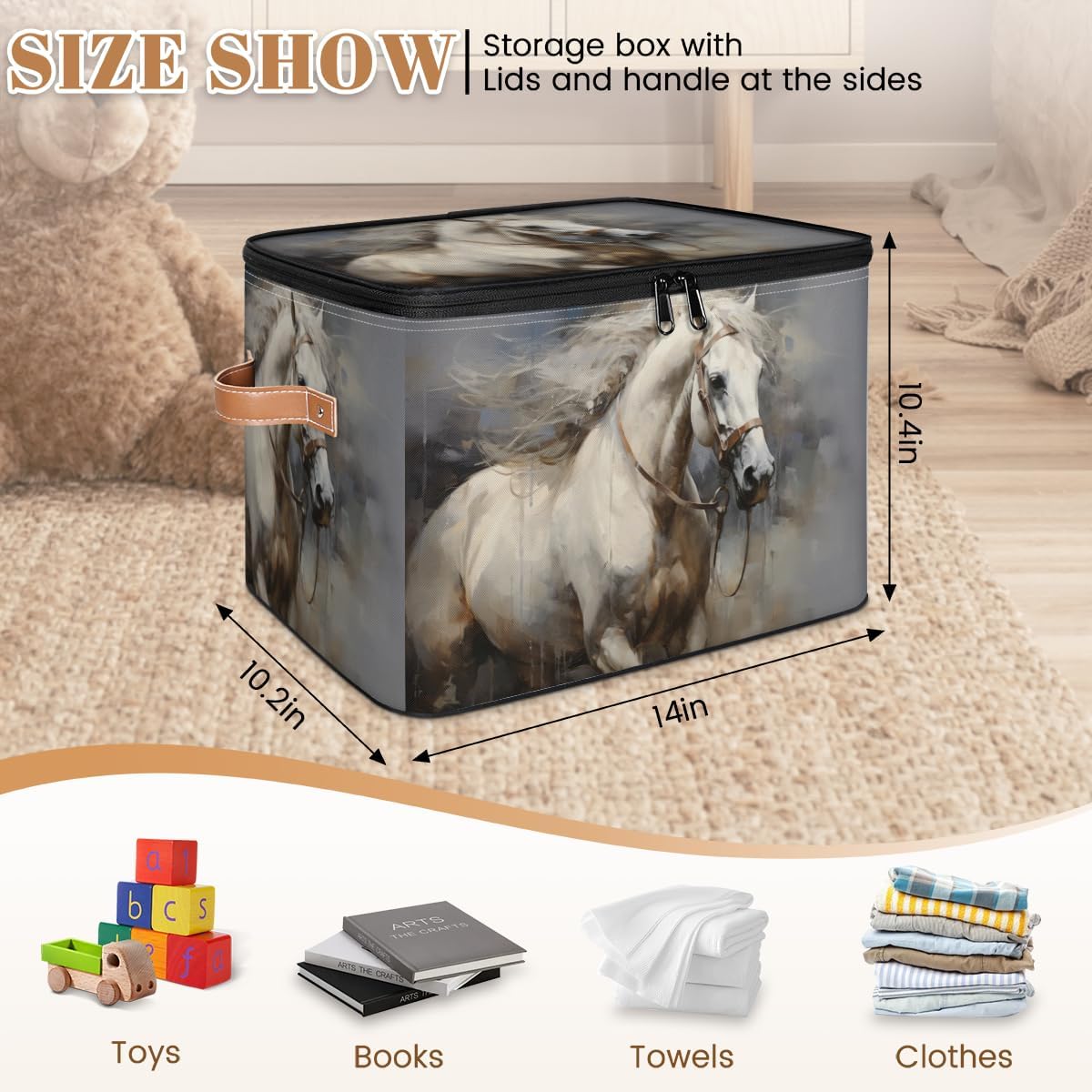 Storage Bin Set of 2 White Horse Storage Basket with Zipper Lid & Handle Foldable Closet Shelf 2 Pack Cloth Organizer Basket Cube Bins Clothes Organizer for Bedroom, Nursery