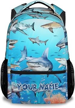 Personalized Shark Backpacks Boys Girls, 17 Inch Cute Backpack for Elementary, Blue Lightweight Casual Bookbag for Kids