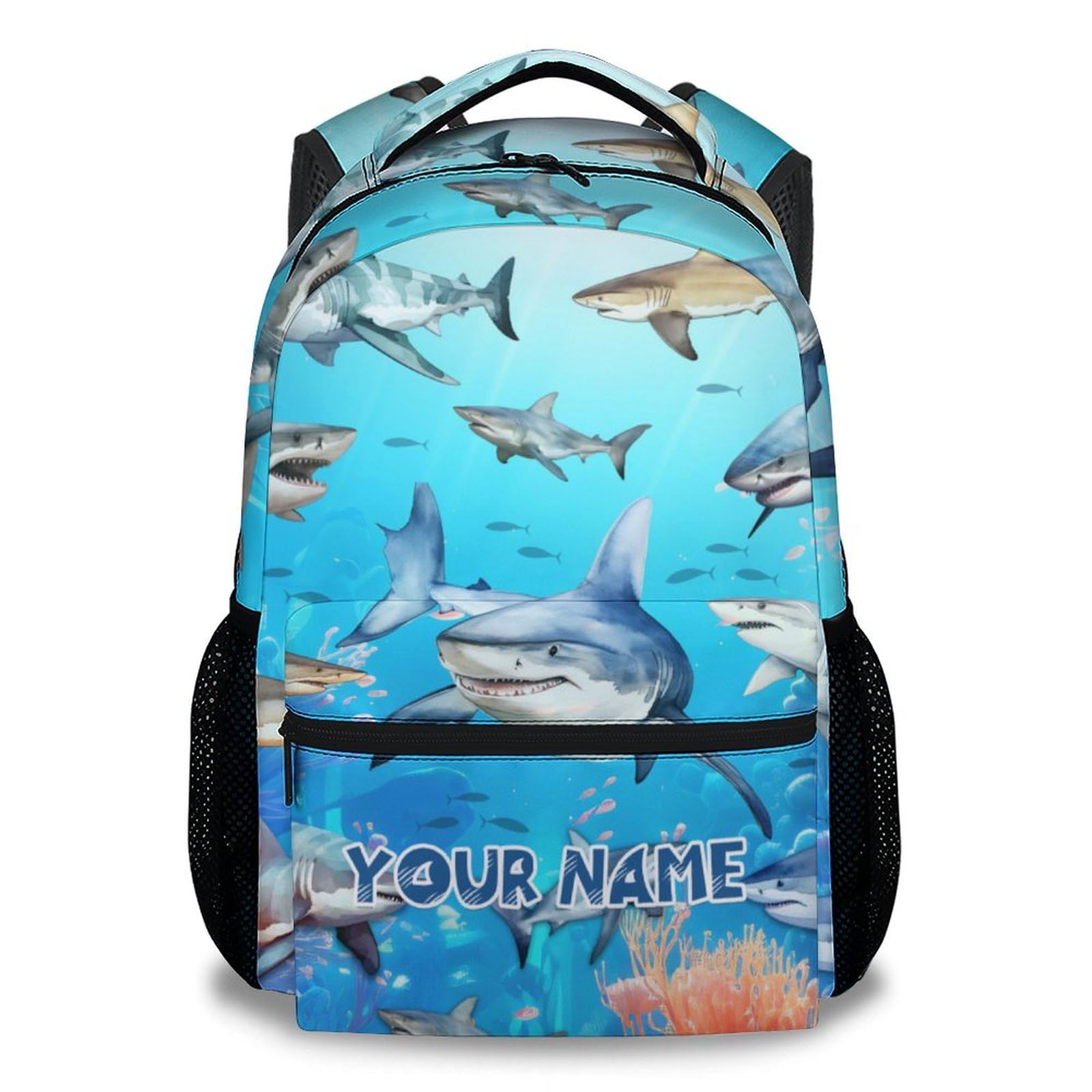 Personalized Shark Backpacks Boys Girls, 17 Inch Cute Backpack for Elementary, Blue Lightweight Casual Bookbag for Kids