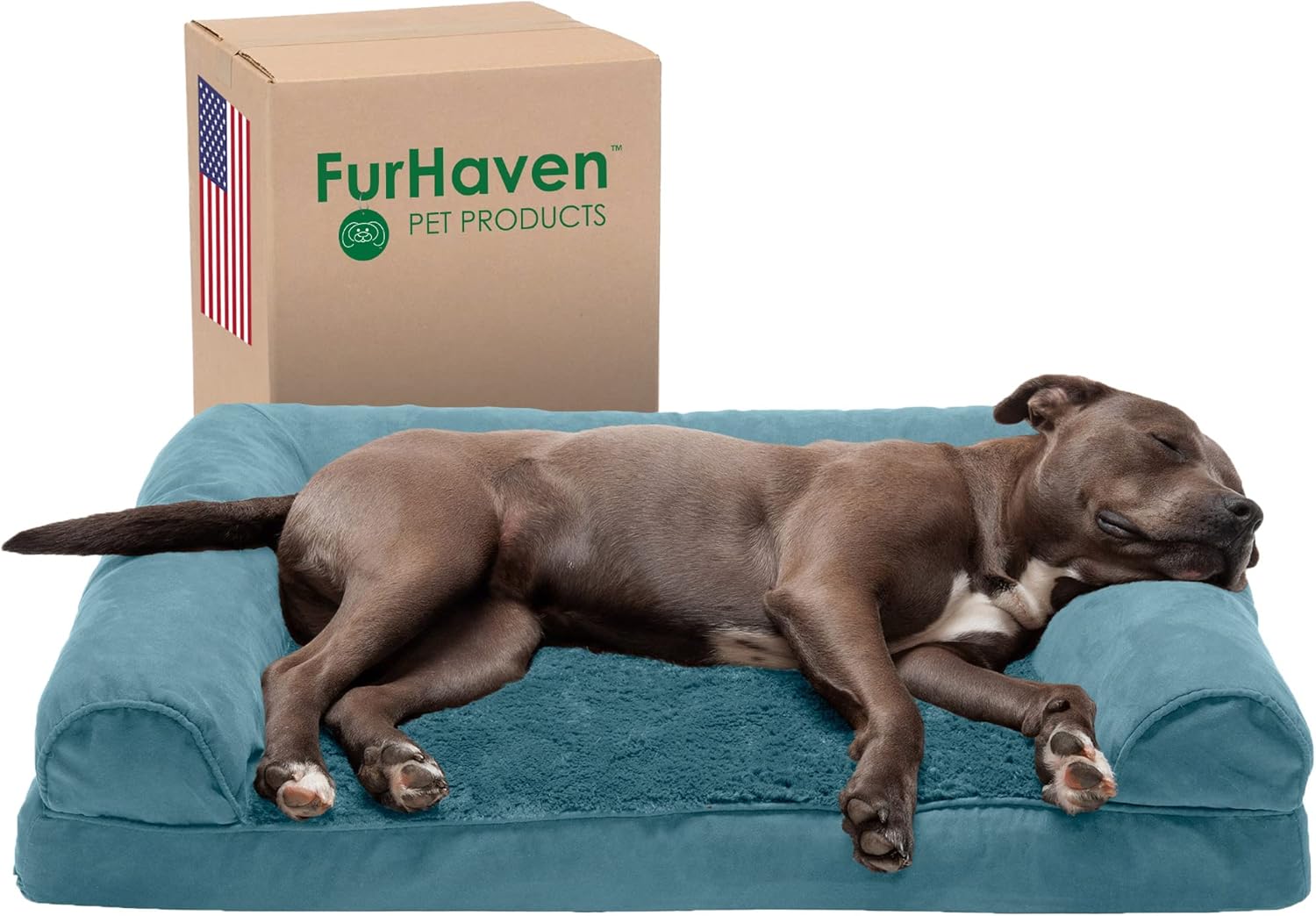 Furhaven Orthopedic Dog Bed for Large/Medium Dogs w/ Removable Bolsters & Washable Cover, For Dogs Up to 55 lbs - Plush & Suede Sofa - Deep Pool, Large Orthopedic Foam 36.0"L x 27.0"W x 6.5"Th (Plush & Suede) Deep Pool