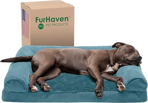Furhaven Pet  Sofá de felpa ortopédica para perro, cama con forma de L, tumbona ergonómica con contorno de cuna, cama para perros y gatos, varios