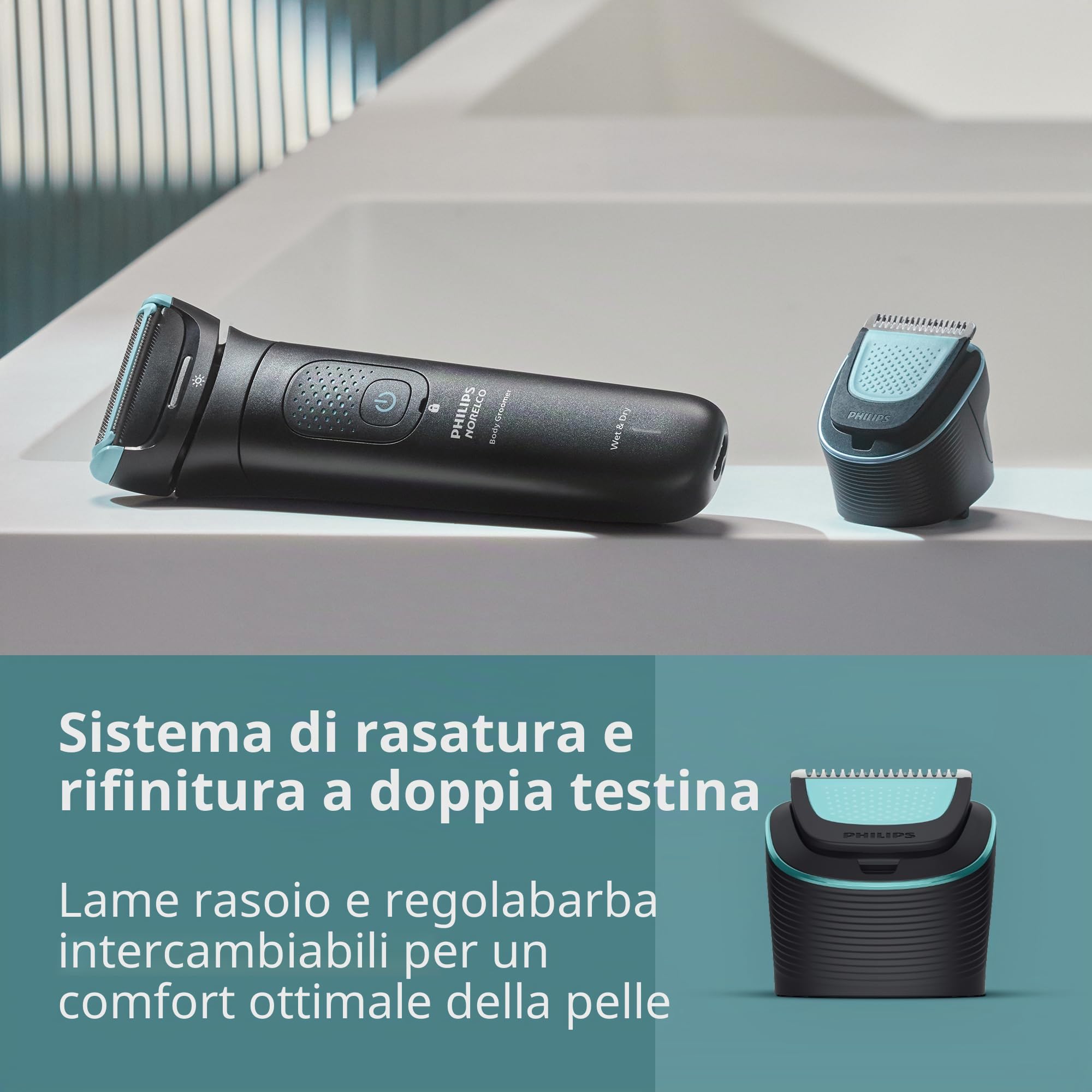 Philips Norelco Body Groomer serie 7000, Groomer per tutto il corpo, testina flettente 2D che segue i contorni, sistema di rasatura tripla protezione e rasoio per capelli intimi, 100% impermeabile