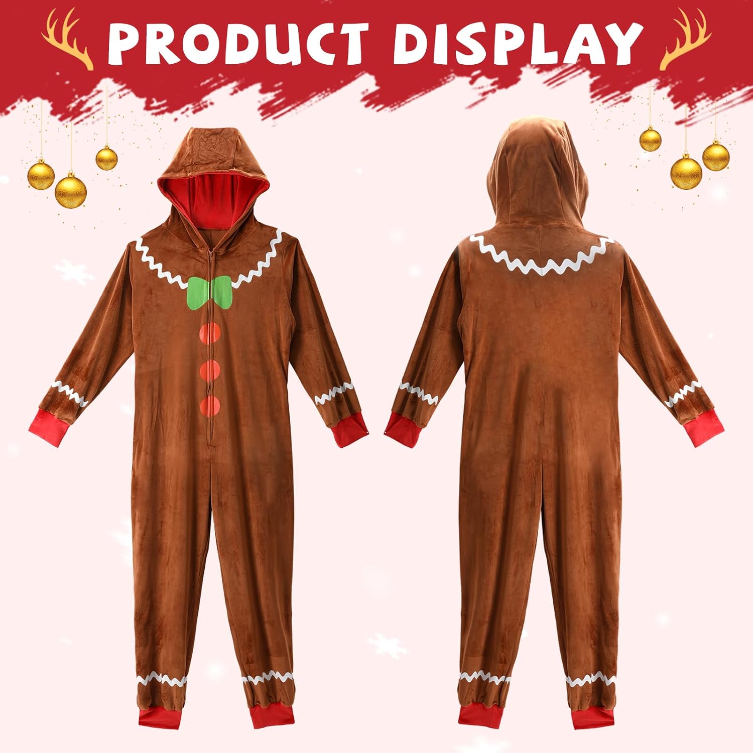 Adult Christmas Gingerbread Onesie Pajamas Onesie Costume Hooded Outfit for Women Man - Image 6