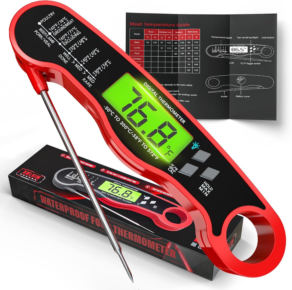 Meat Thermometer Digital, Instant Read Food Thermometer, Red | Waterproof cooking thermometer with doneness chart, backlight, F/C switch for BBQ, candy, oil