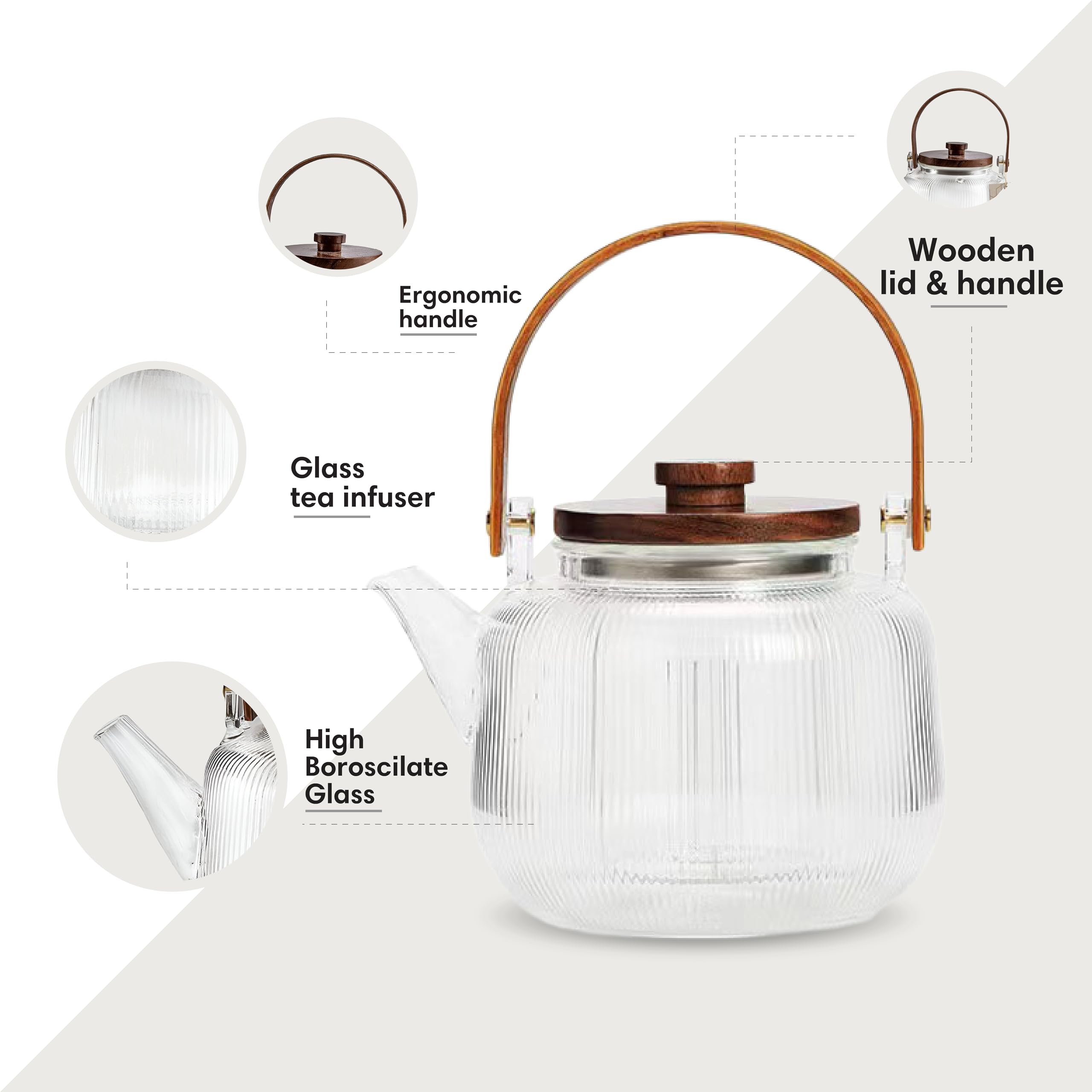 Charbrew 900 ml klare Glas-Teekanne mit Teesieb, geripptes Borosilikatglas, Holzdeckel und Griff, für losen Tee, Teebeutel und blühenden Tee, für 4 Tassen
