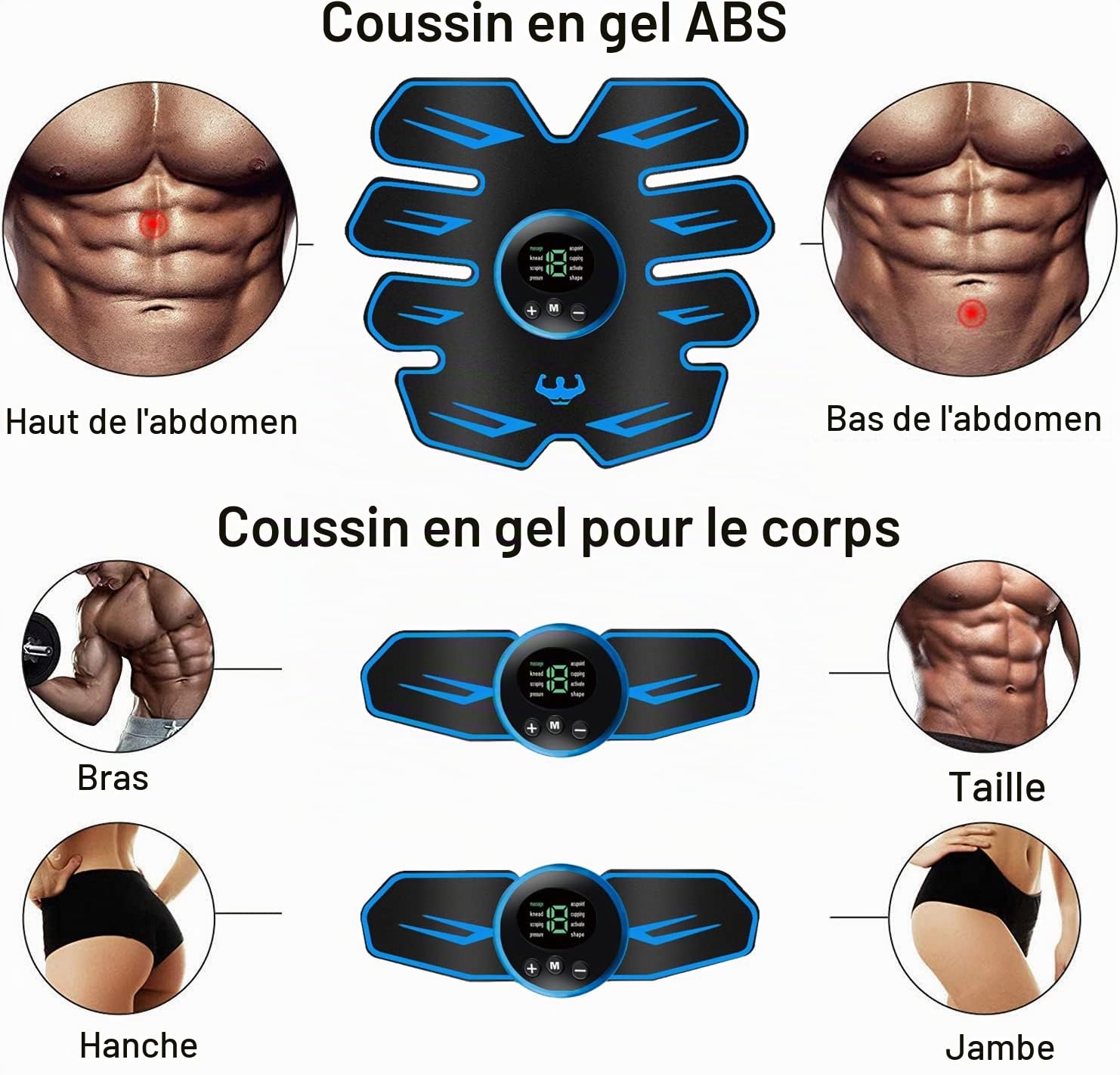 Électrostimulateur pour abdominaux, électrostimulateur musculaire, stimulateur EMS, ceinture tonifiante abdominale USB, ceinture abdominale pour des muscles abdominaux minces et toniques, abdomen/bras
