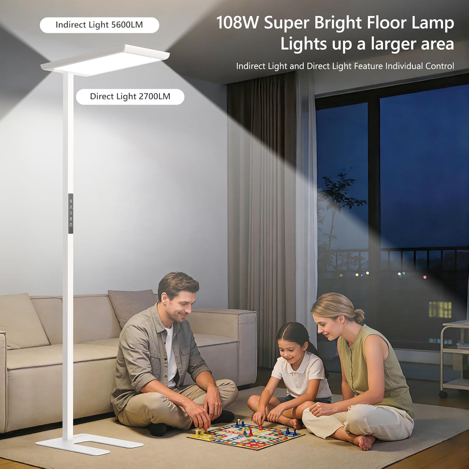 108W LED Floor Lamp, 8300LM Bright Full Spectrum Eye-Care Reading Lamp, 77" Tall Touch Dimmable Standing Light, 4000K Natural Daylight for Living Room, Study Room, Office, CRI>98, White