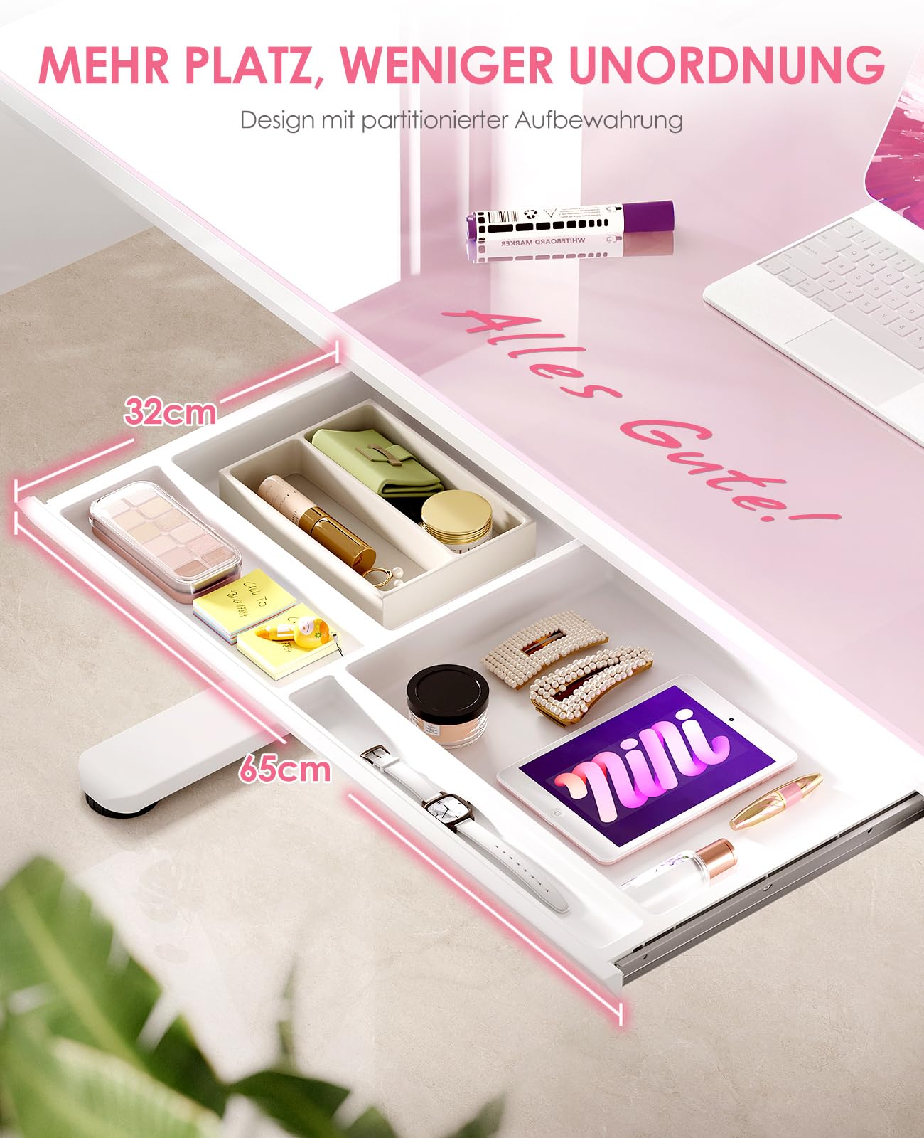 OffiGo Glas Höhenverstellbarer Schreibtisch, 140 x 60 cm Elektrischer Schreibtisch mit Schublade, Ganze Tischplatte mit USB und Type-C, Standing Desk, Steh-Sitz Glastisch für Home Office Büro, Rosa