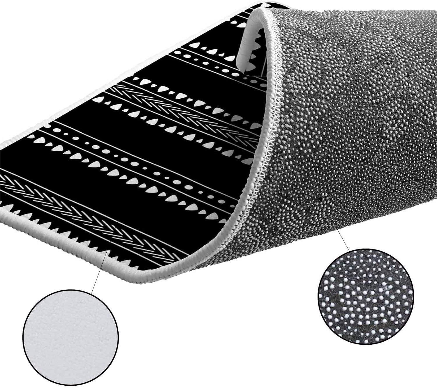 Black Boho Geometric Kitchen Rugs and Mats Set of 2, Non-Slip Kitchen Sink Mat, Abstract Art Dots Striped Washable Doormat Bathroom Rugs Runner for Bedroom/Living Room 19.7"x31.5"+19.7"x63"