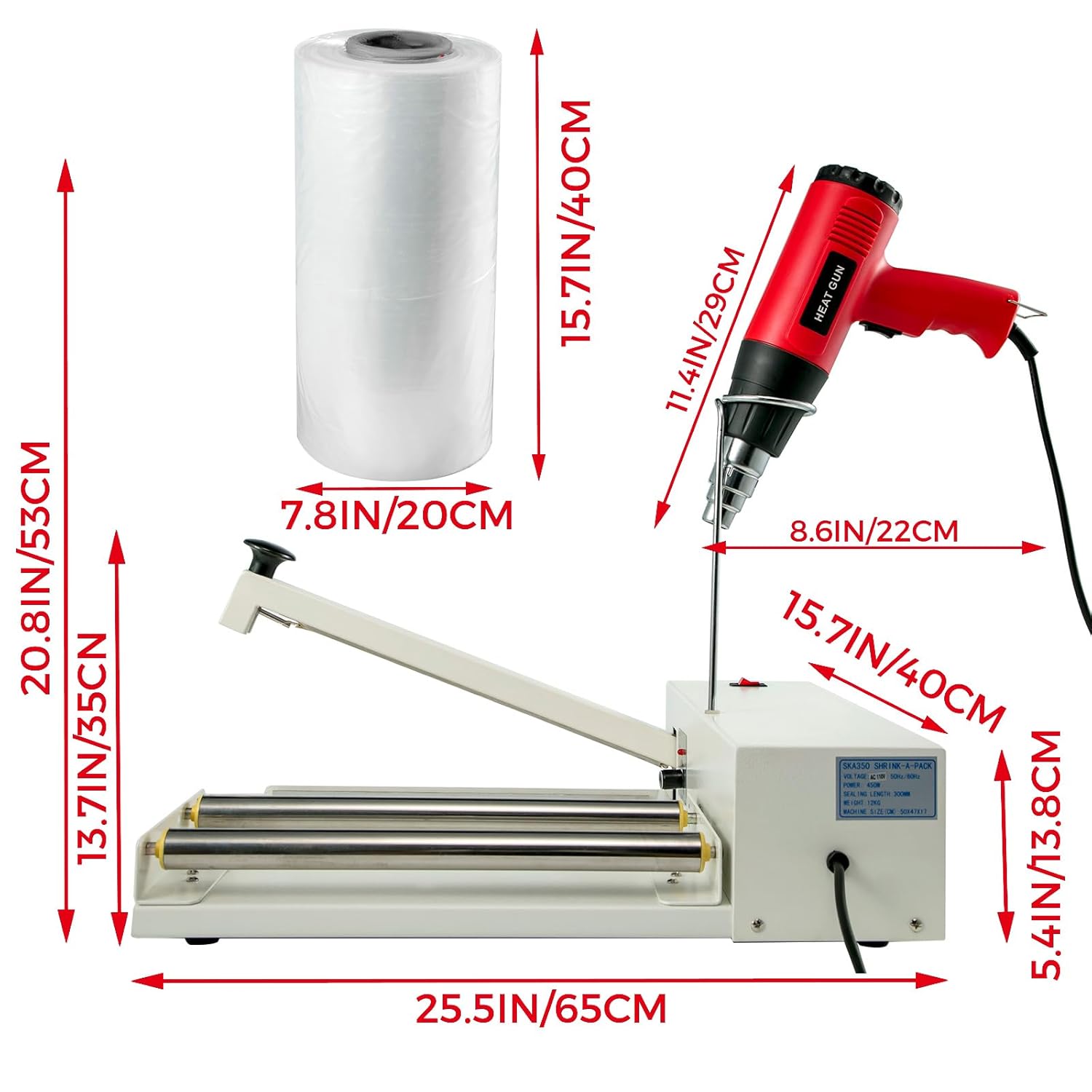 Happybuy 18" Shrink Wrap Sealer, 530W I-Bar Sealing Machine with Heat Gun and Shrink Film, PVC POF Compatible