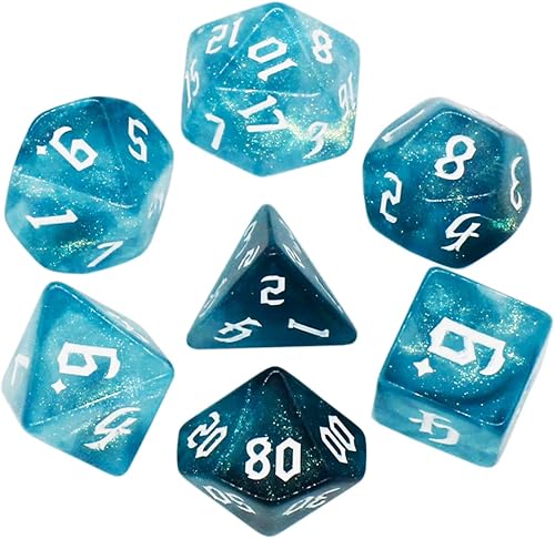 DND - Juego de dados poliédricos de 7 piezas, color cian y azul, con purpurina de doble color, juego de dados D&D para Calabozos y Dragones, RPG,