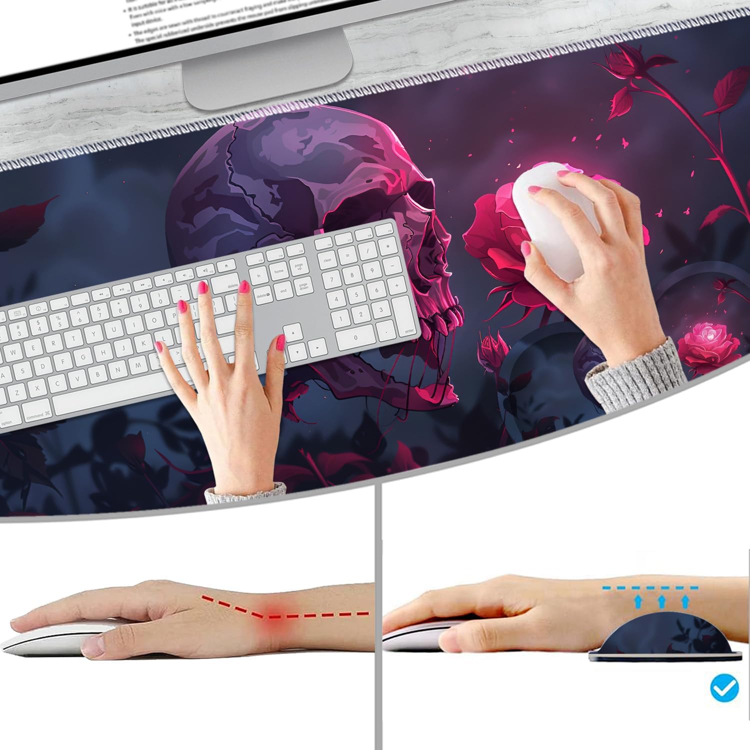 Extended Non-Slip Mouse Pad + Mouse Wrist Rest + Lace-Shaped Coaster Set, Ergonomic Design, Suitable for Desk and Home Gaming Table Mat, Rose Skull