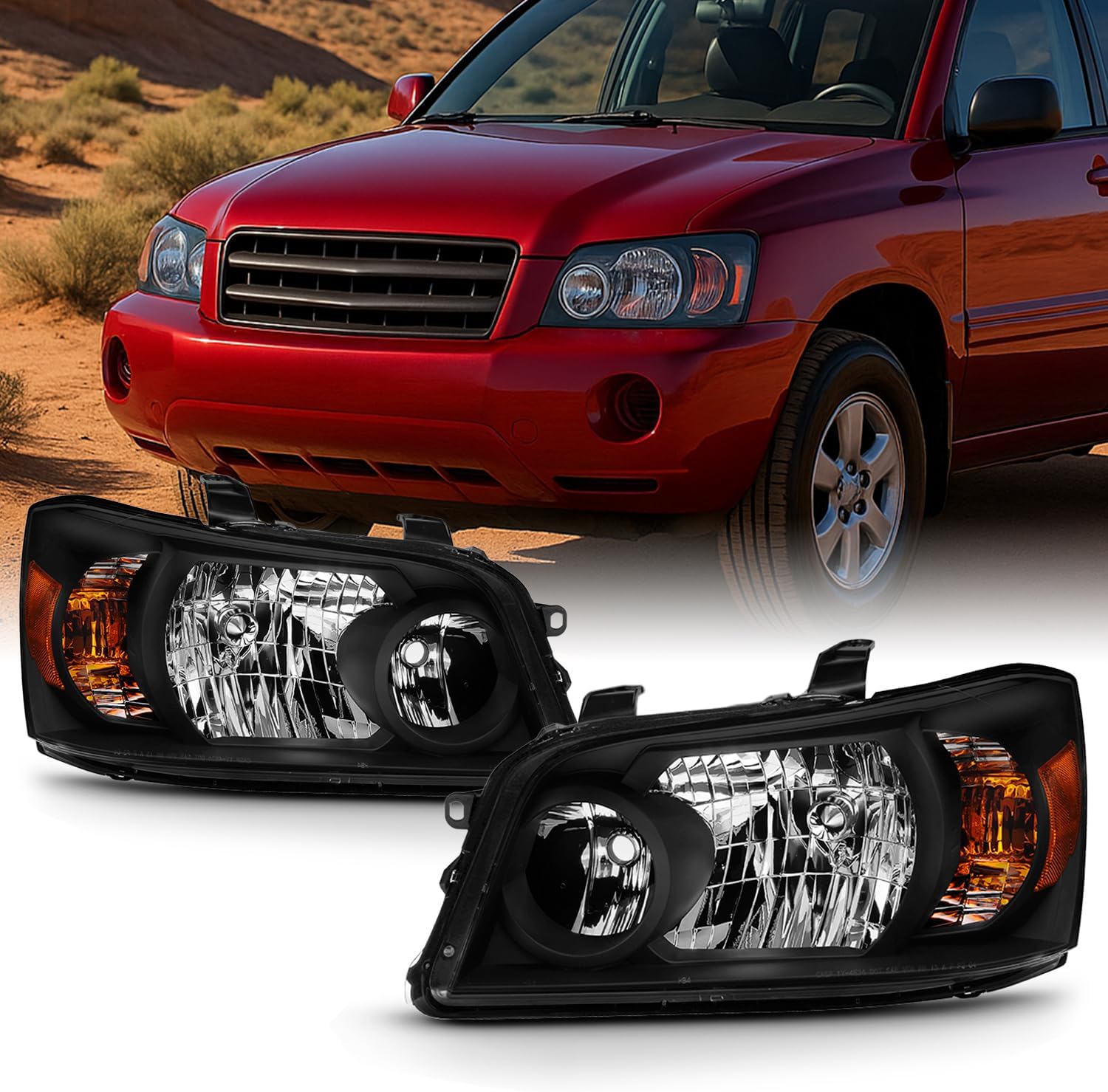 AKKON - For 2004-2006 Toyota Highlander Black Headlights Driver Left+ Passenger Right Side Pair Replacement