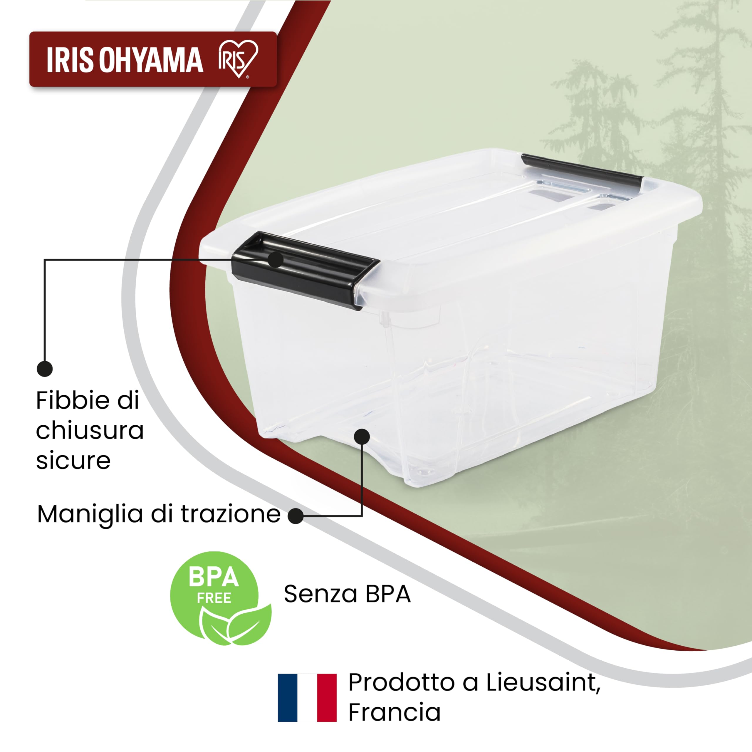 Iris Ohyama Scatole Portaoggetti in con Coperchio, 5L, Lotto di 3, Trasparente, Clip di Bloccaggio, Empilabile, Maniglia, Per Camera, Armadio, Ufficio, Organizzatore, Senza BPA, NTB-5