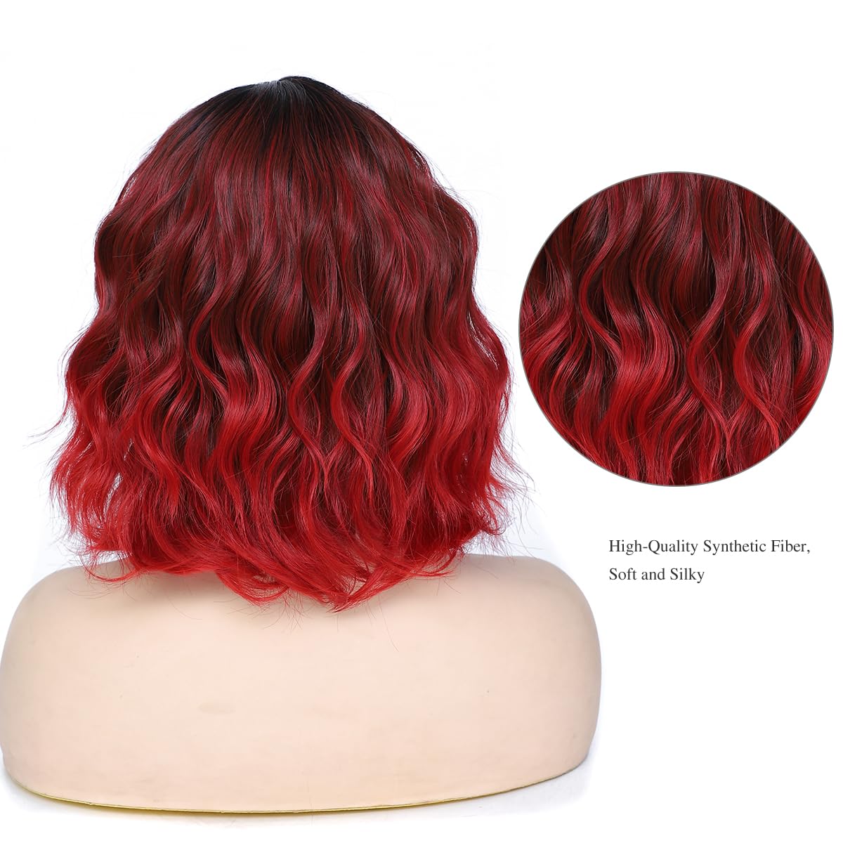 BUYOGET Wavy Bob Wig with Bangs Synthetic Hair Shoulder Length 12 Inch Short Curly Wigs for Women Burgundy to Vivid Red - Image 3