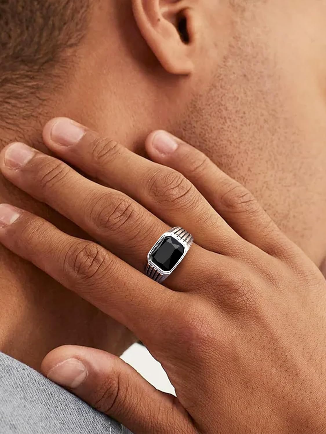 Bestyle Chunky Signet Ring for Men, Stainless Steel/Black Ring Synthetic Gemstone Band Ring Biker Ring for Men, Thumb Pinky Ring Mens Fashion Ring Jewelry Size 7-14, Gift Package - Image 2