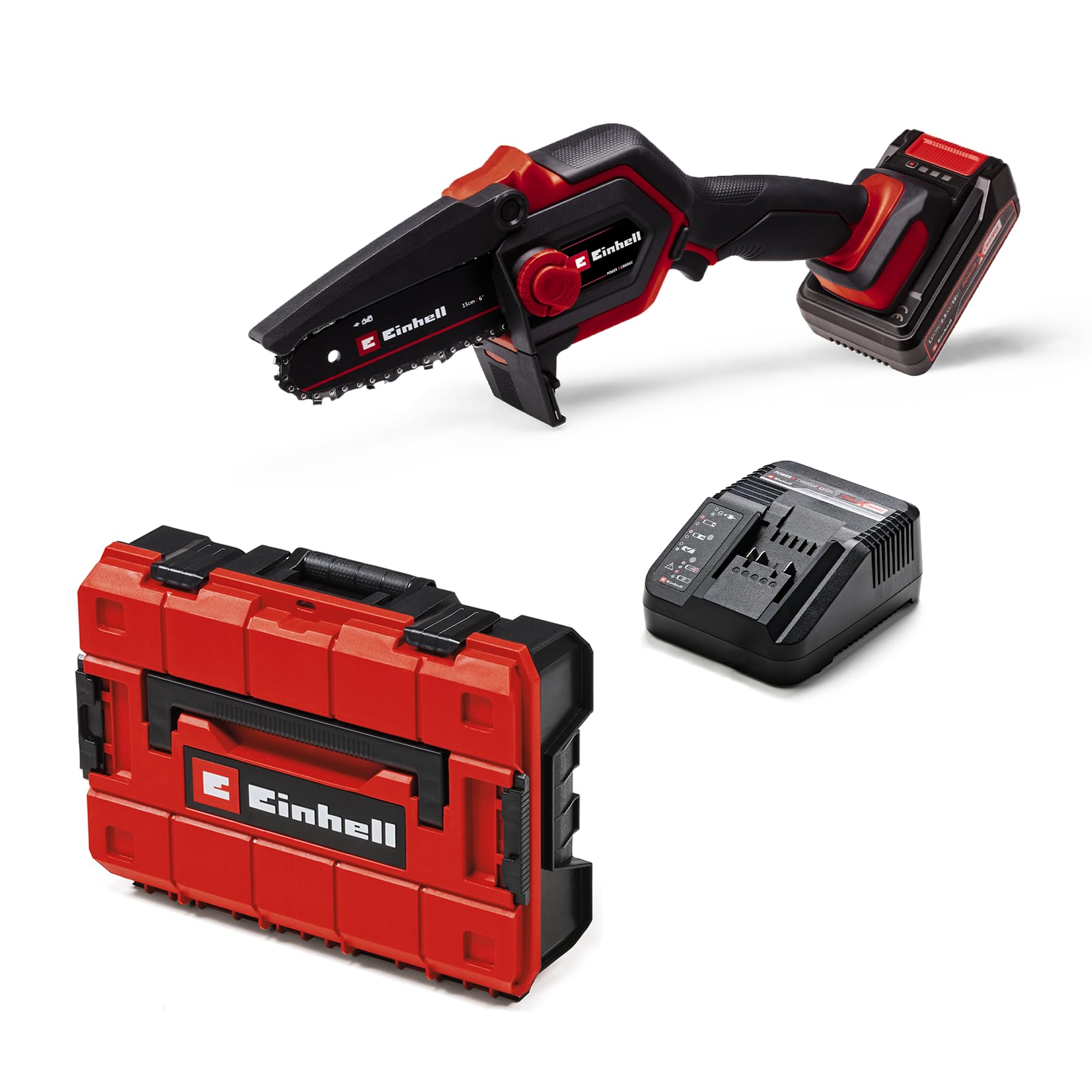 Einhell GE-PS 18/15 Li BL Kit Power X-Change - Sierra de podar inalámbrica (18 V, sin escobillas, longitud de corte de 12,5 cm, cambio de espada/cadena sin herramientas, incluye batería de 2,5 Ah