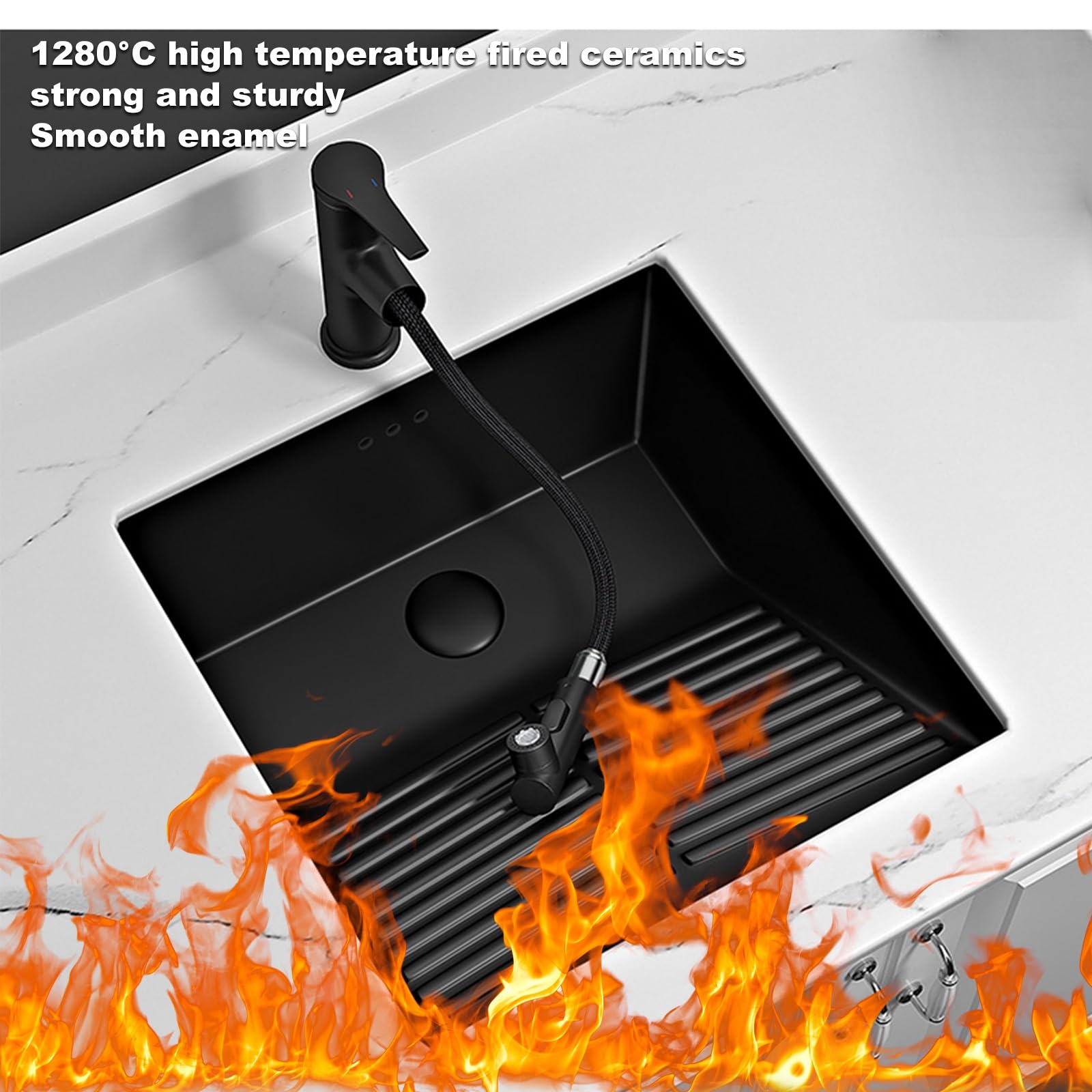 Fregadero de baño de cerámica negra con lavabo, diseño cuadrado, completo con grifo negro y juego de drenaje, perfecto para balcones y lavanderías